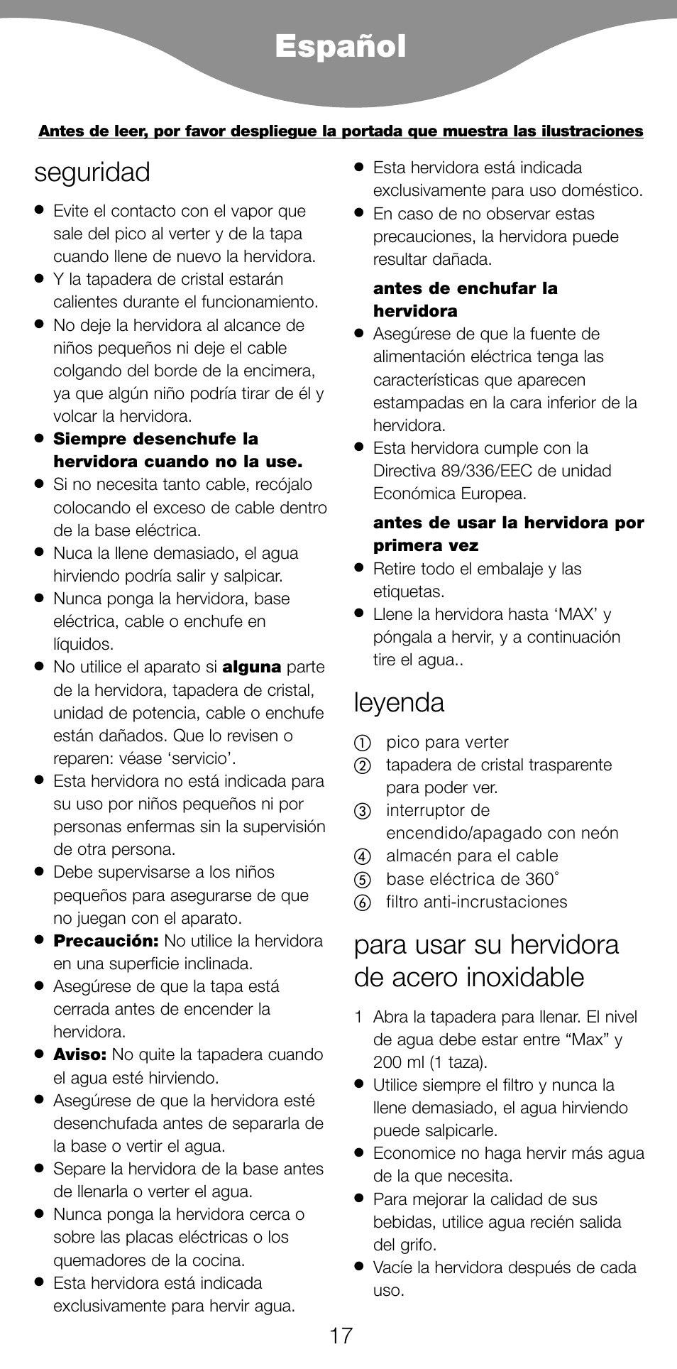 Español, Seguridad, Leyenda | Para usar su hervidora de acero inoxidable | Kenwood SK887 User Manual | Page 20 / 48