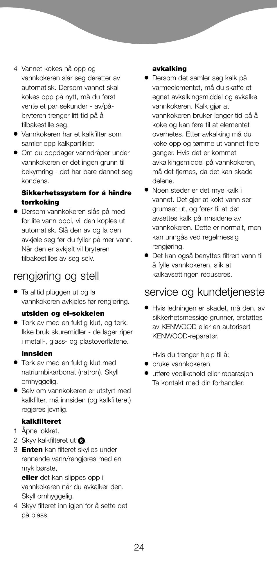 Rengjøring og stell, Service og kundetjeneste | Kenwood SK887 User Manual | Page 27 / 48