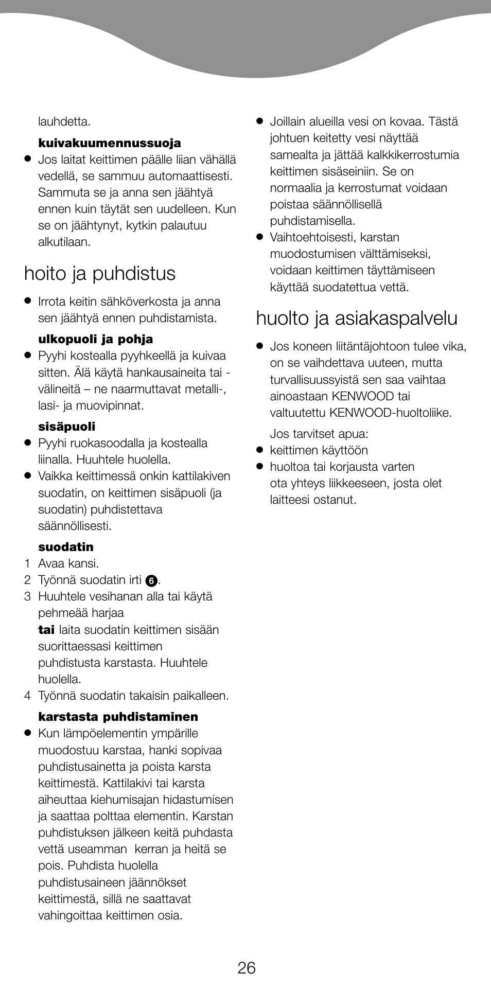 Hoito ja puhdistus, Huolto ja asiakaspalvelu | Kenwood SK887 User Manual | Page 29 / 48