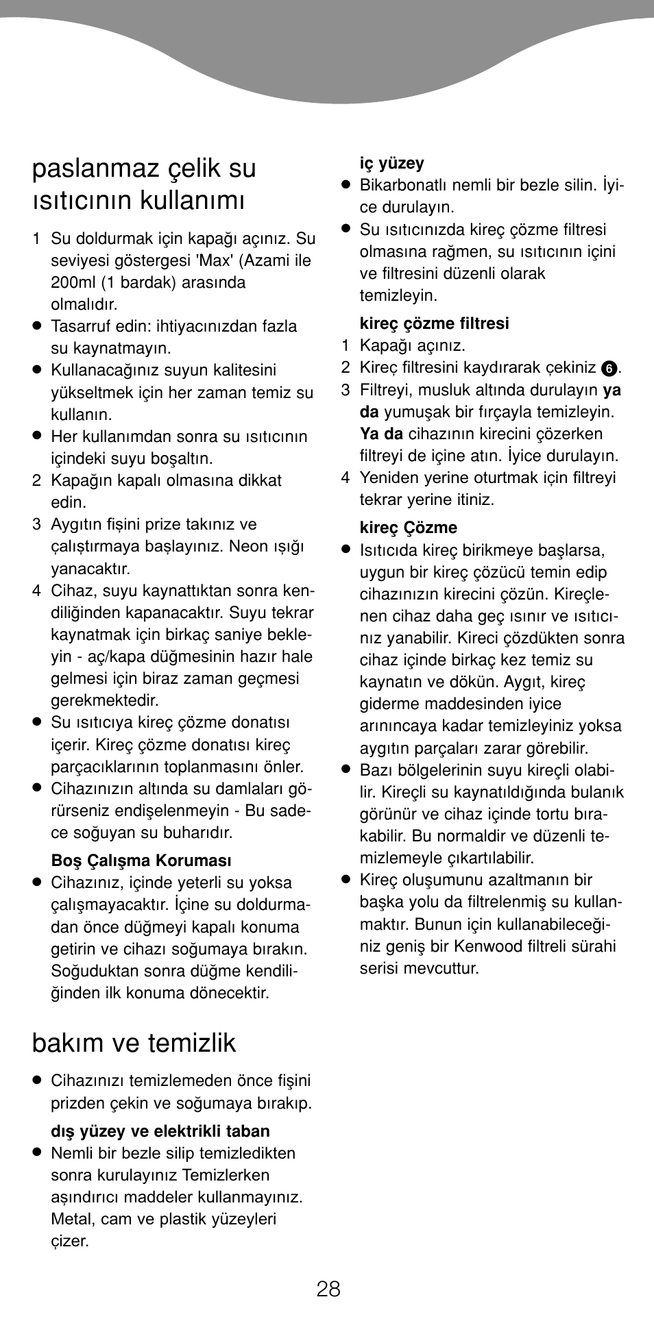 Paslanmaz çelik su ›s›t›c›n›n kullanımı, Bak›m ve temizlik | Kenwood SK887 User Manual | Page 31 / 48