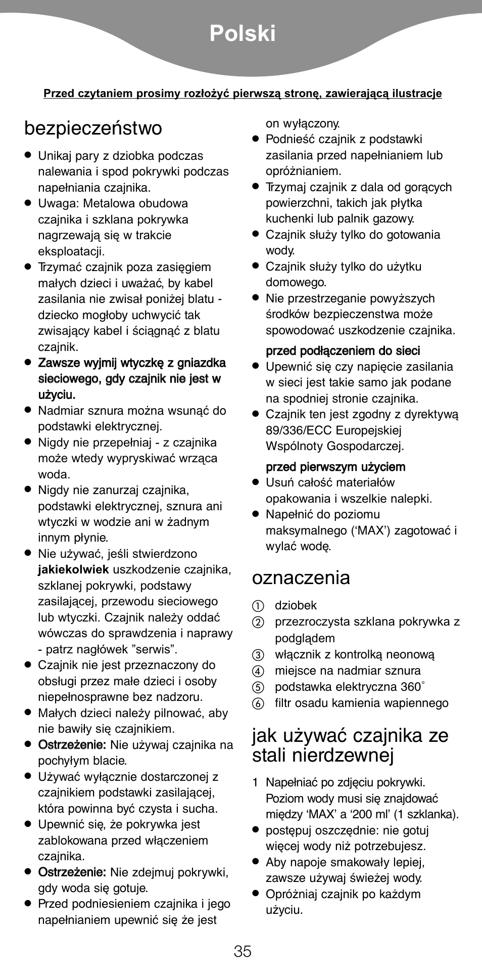 Polski, Bezpieczeństwo, Oznaczenia | Jak używać czajnika ze stali nierdzewnej | Kenwood SK887 User Manual | Page 38 / 48