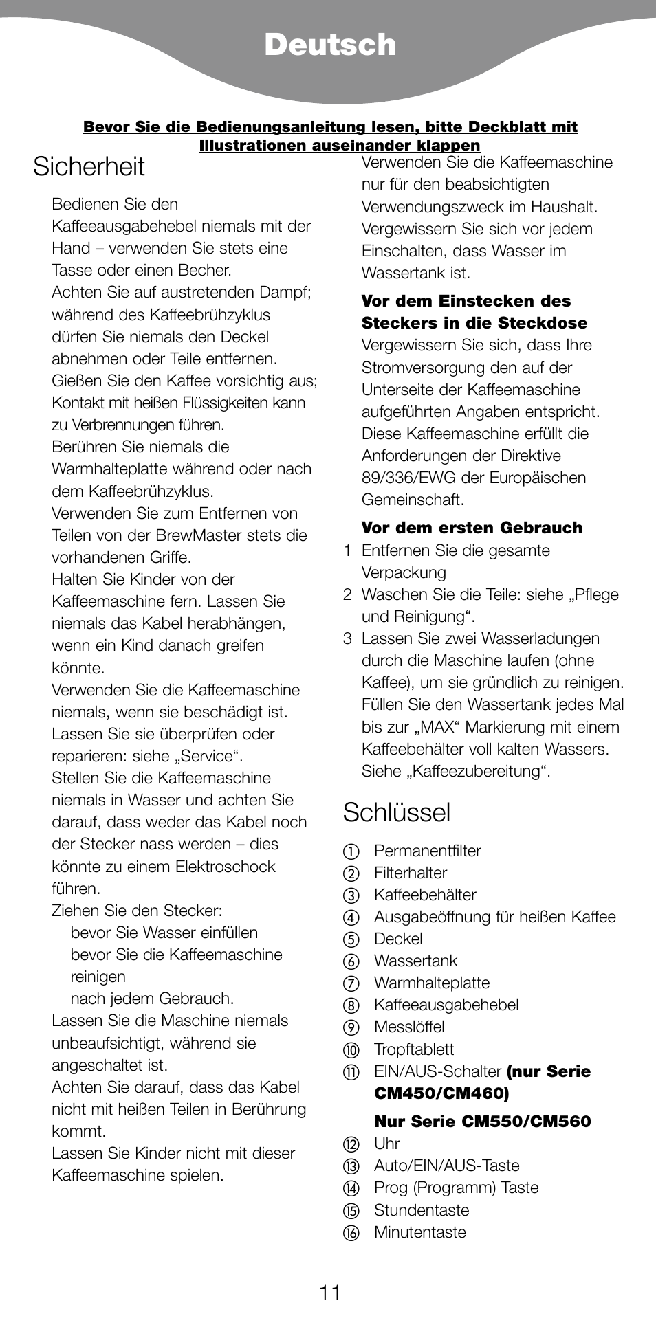 Deutsch, Sicherheit, Schlüssel | Kenwood CM450 series User Manual | Page 14 / 59