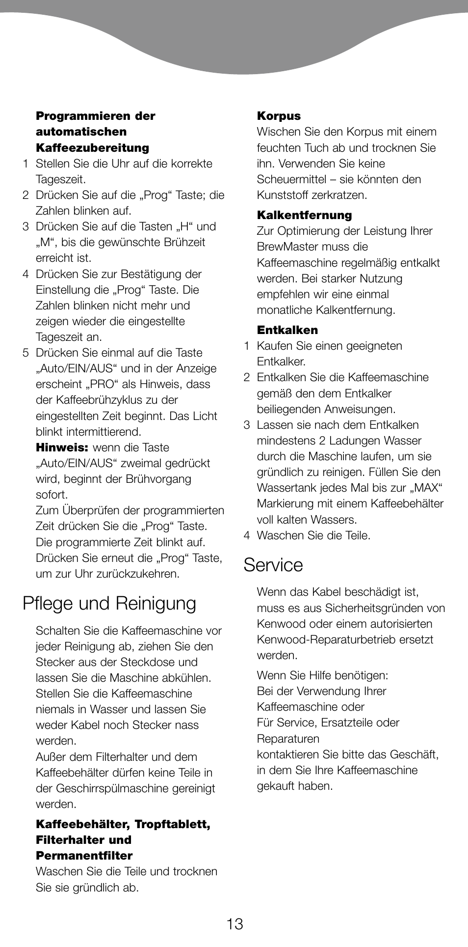 Pflege und reinigung, Service | Kenwood CM450 series User Manual | Page 16 / 59