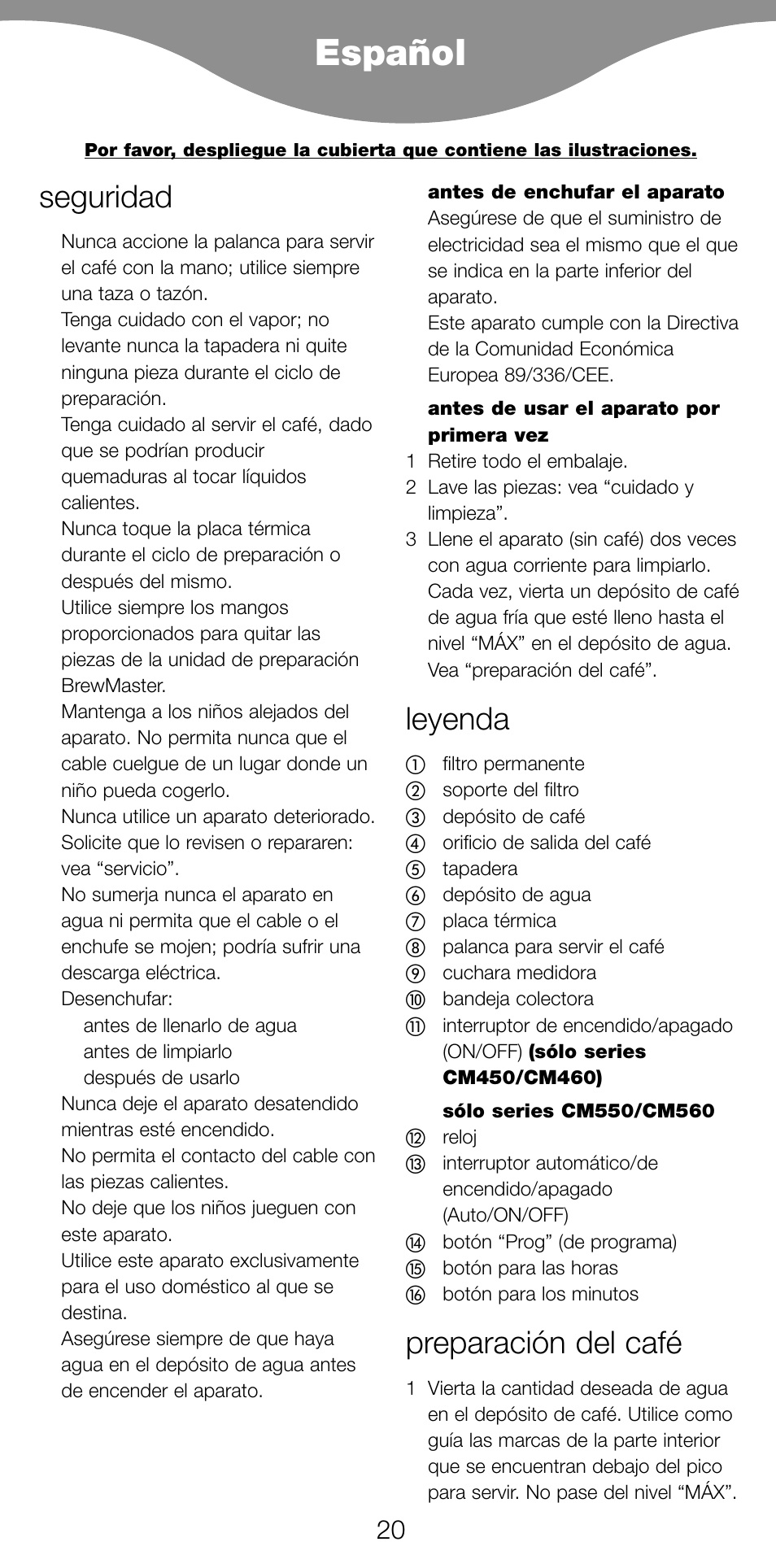 Español, Seguridad, Leyenda | Preparación del café | Kenwood CM450 series User Manual | Page 23 / 59