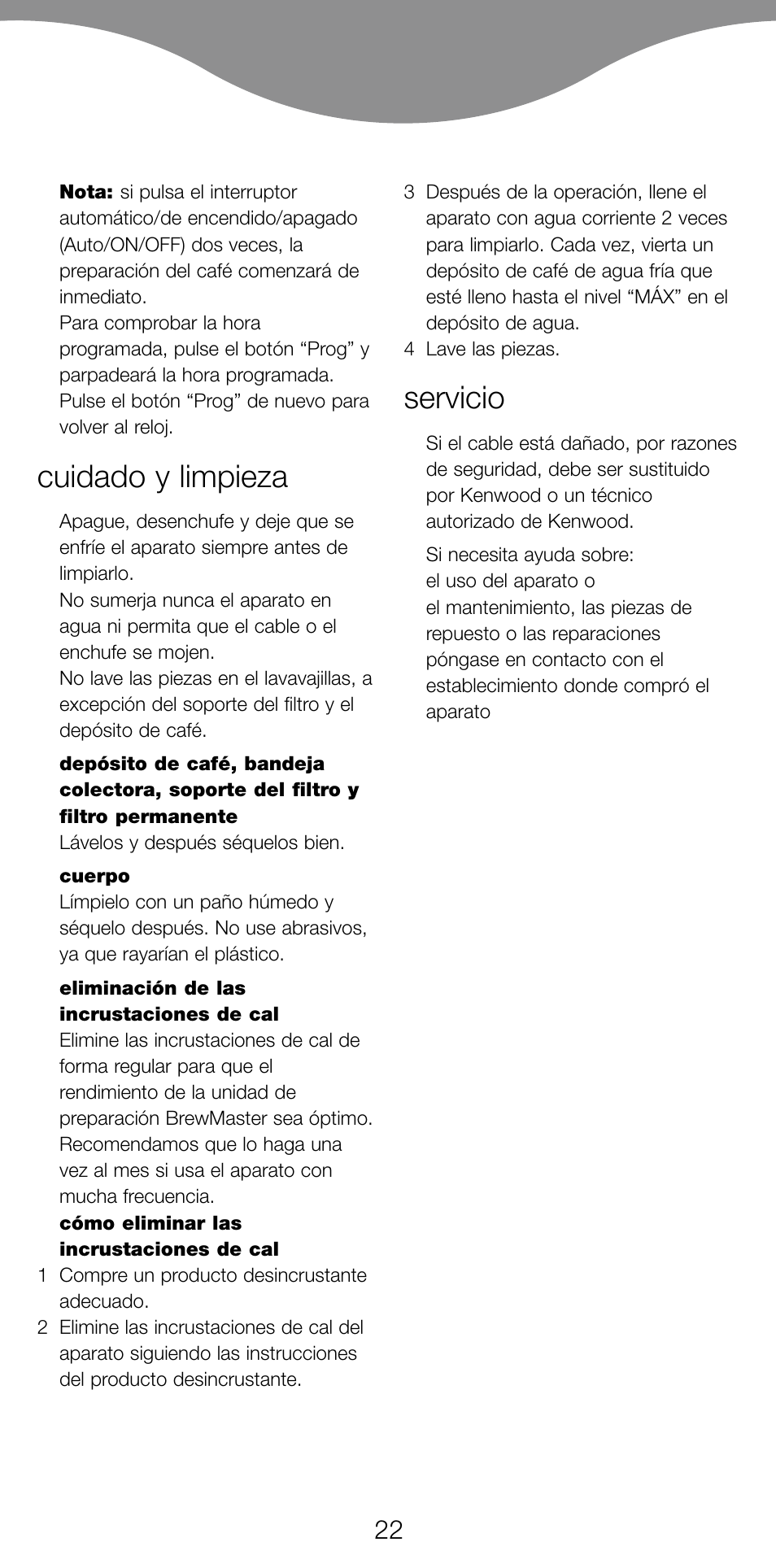Cuidado y limpieza, Servicio | Kenwood CM450 series User Manual | Page 25 / 59