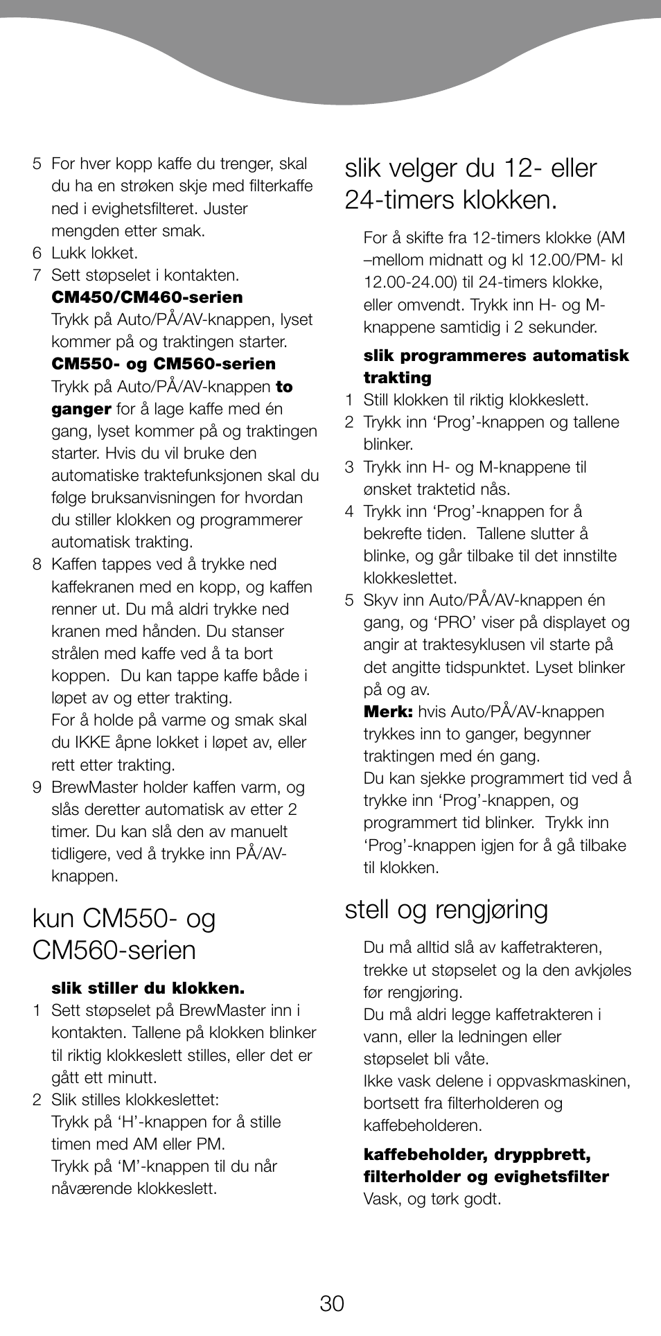 Slik velger du 12- eller 24-timers klokken, Stell og rengjøring | Kenwood CM450 series User Manual | Page 33 / 59
