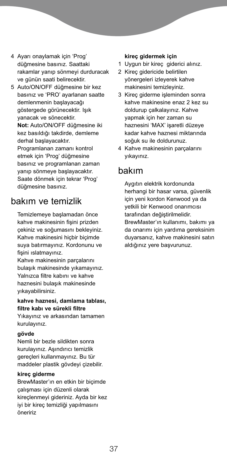 Bakım ve temizlik, Bakım | Kenwood CM450 series User Manual | Page 40 / 59