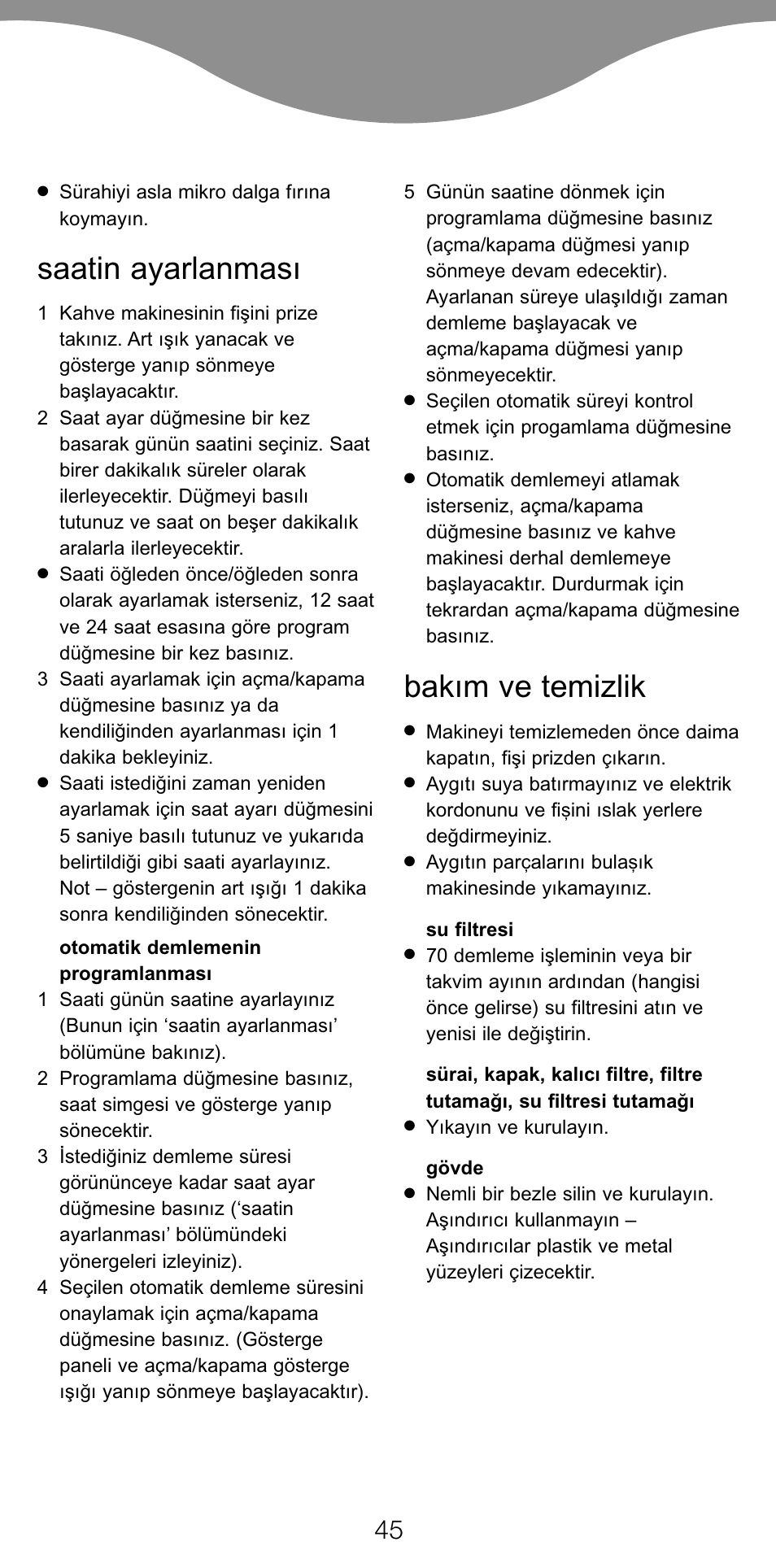 Saatin ayarlanması, Bakım ve temizlik | Kenwood CM470 series User Manual | Page 48 / 74