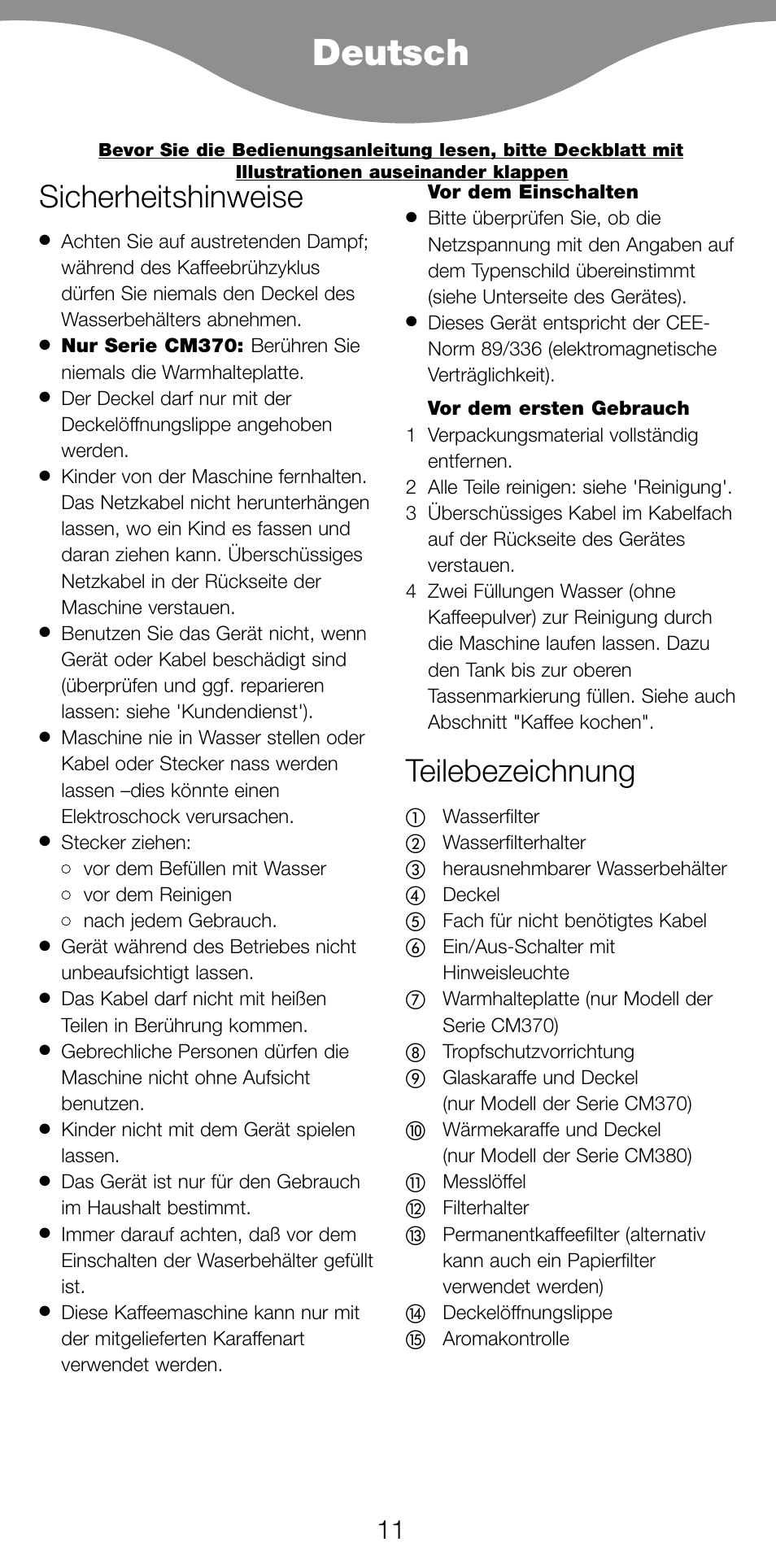 Deutsch, Sicherheitshinweise, Teilebezeichnung | Kenwood CM370 User Manual | Page 14 / 59