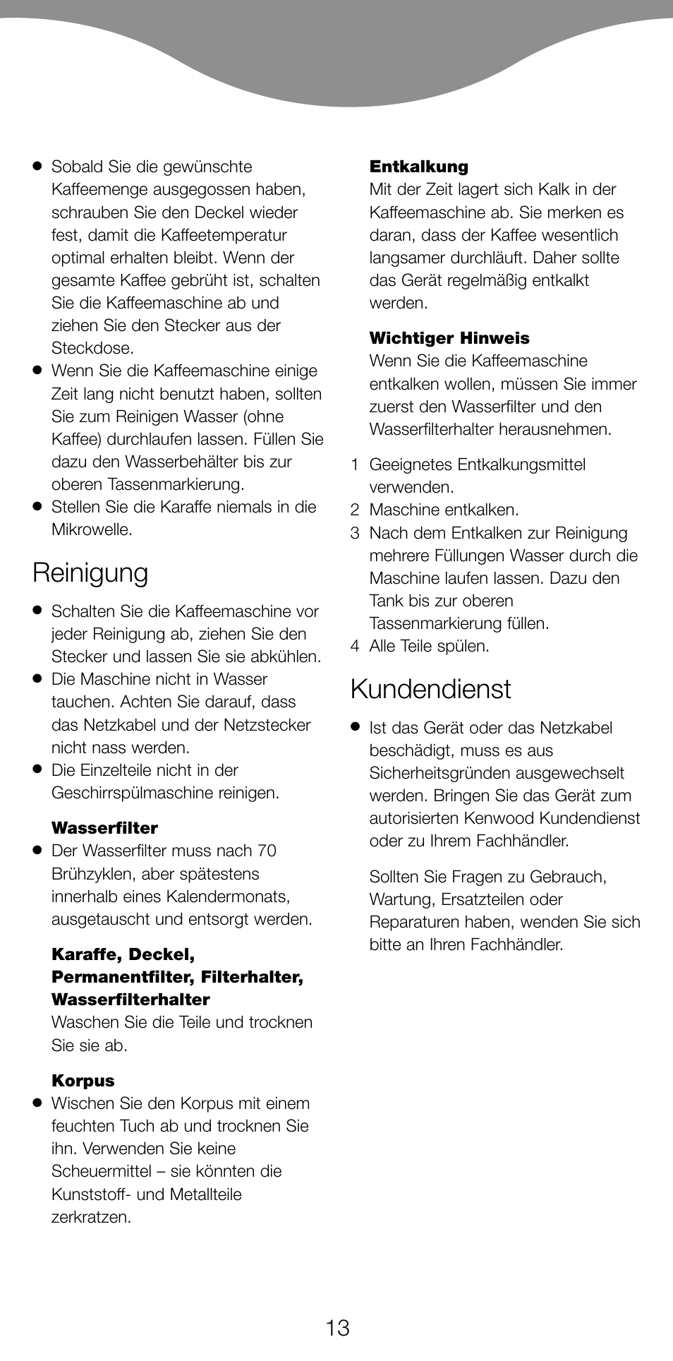 Reinigung, Kundendienst | Kenwood CM370 User Manual | Page 16 / 59