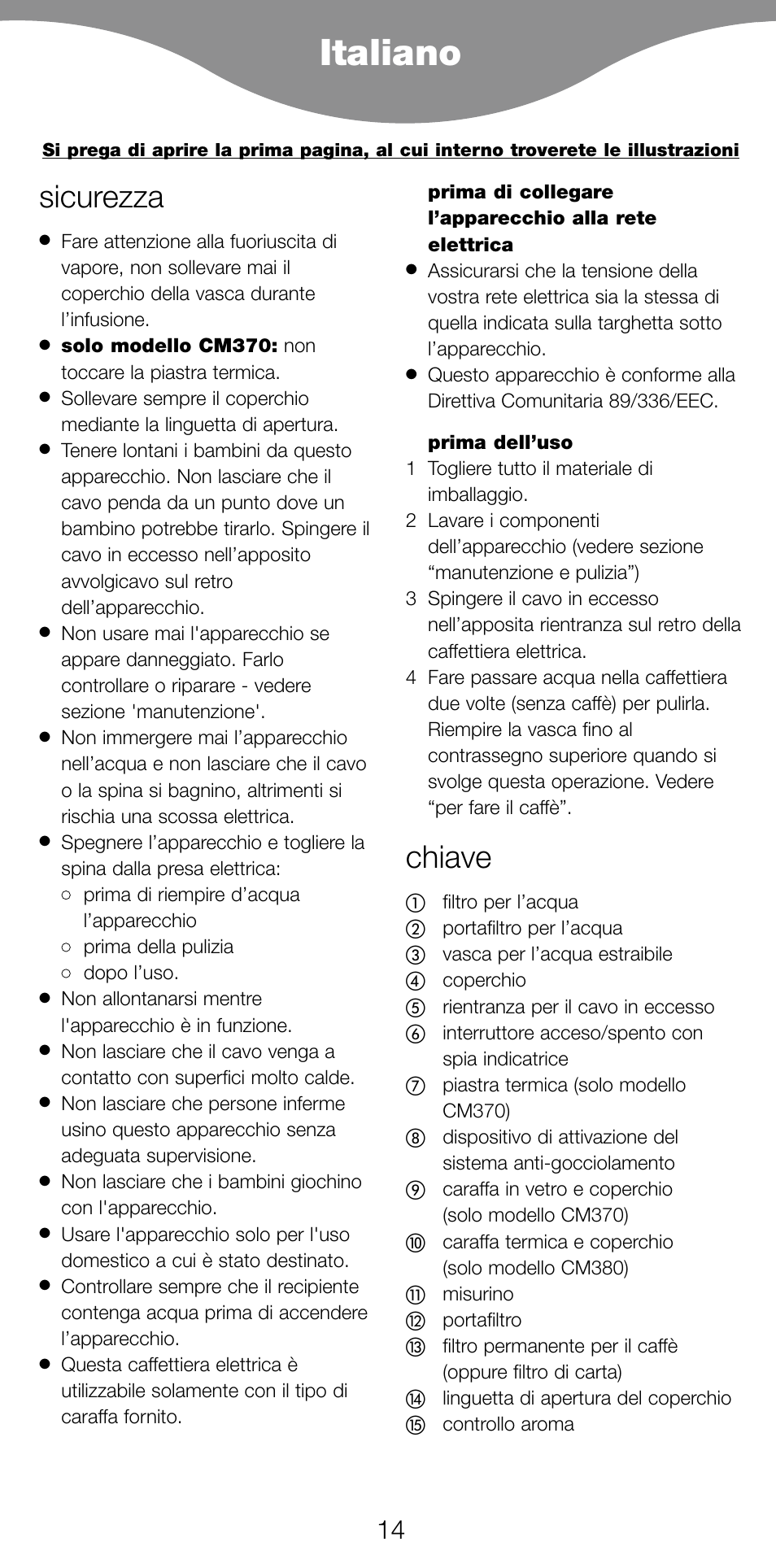 Italiano, Sicurezza, Chiave | Kenwood CM370 User Manual | Page 17 / 59