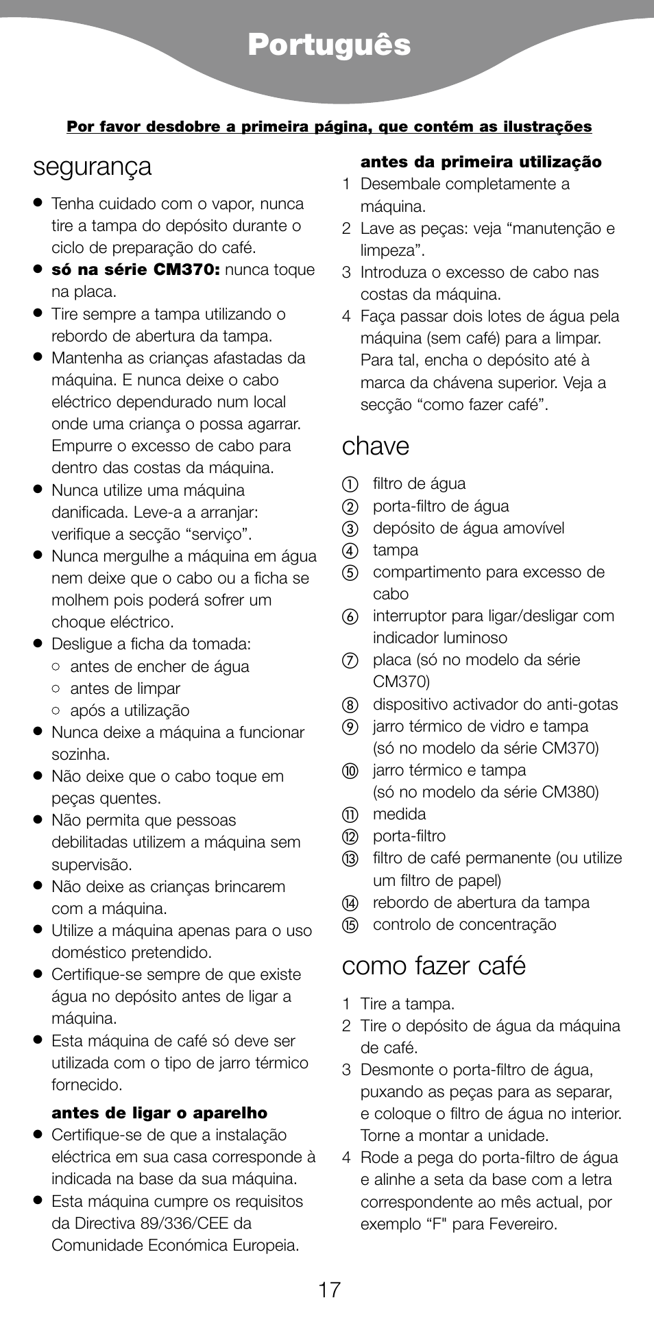 Português, Segurança, Chave | Como fazer café | Kenwood CM370 User Manual | Page 20 / 59
