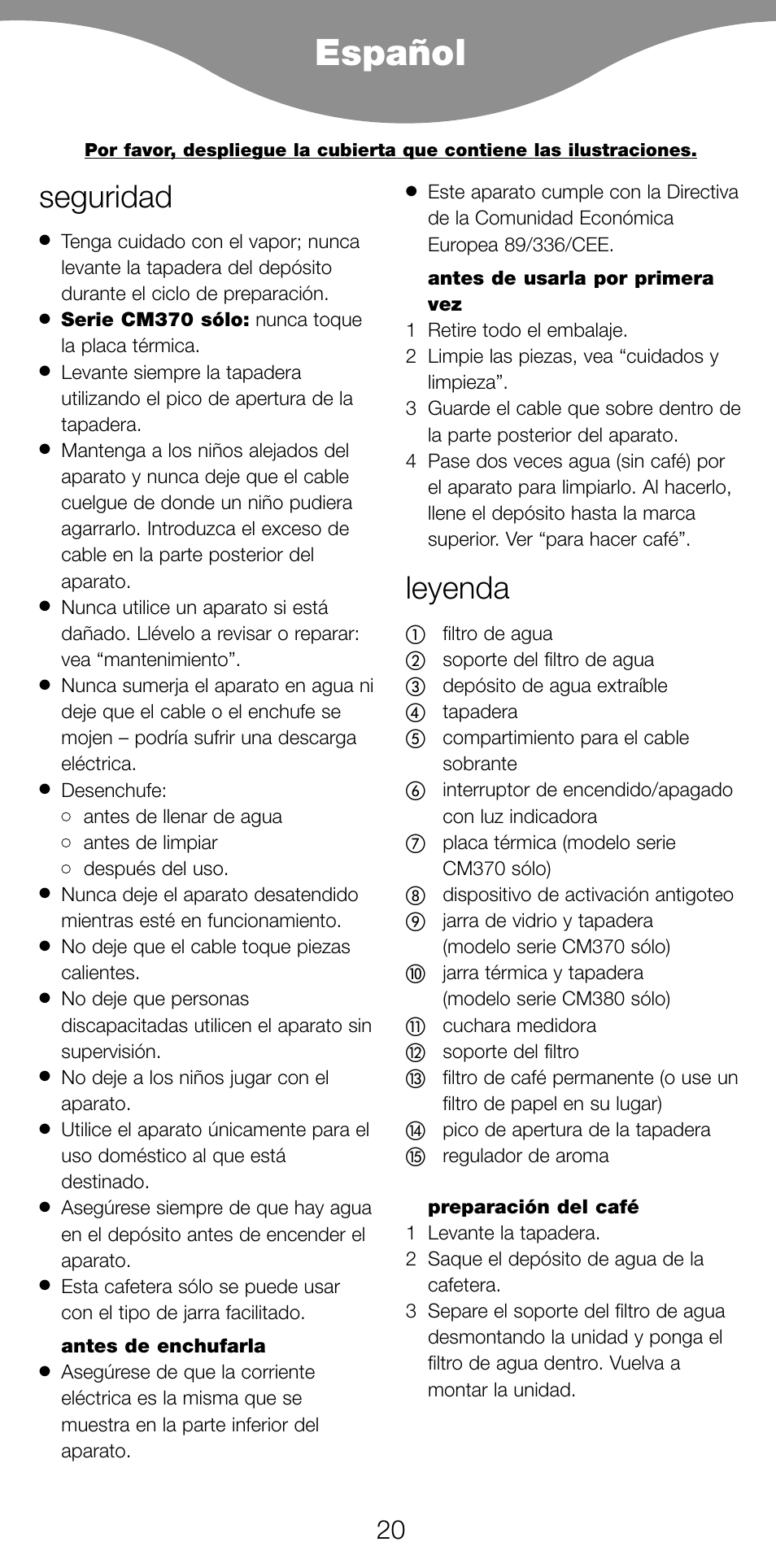 Español, Seguridad, Leyenda | Kenwood CM370 User Manual | Page 23 / 59