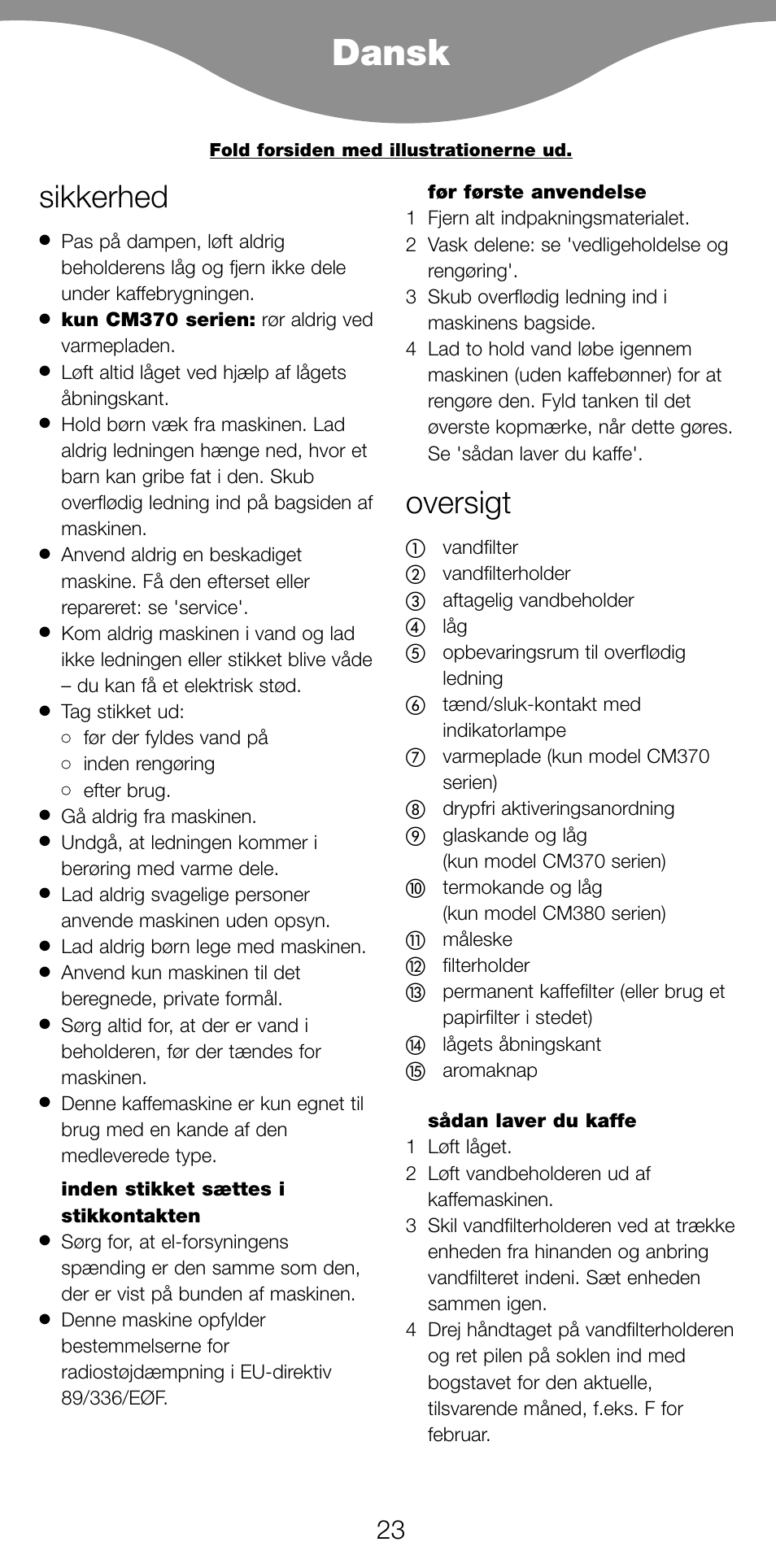 Dansk, Sikkerhed, Oversigt | Kenwood CM370 User Manual | Page 26 / 59