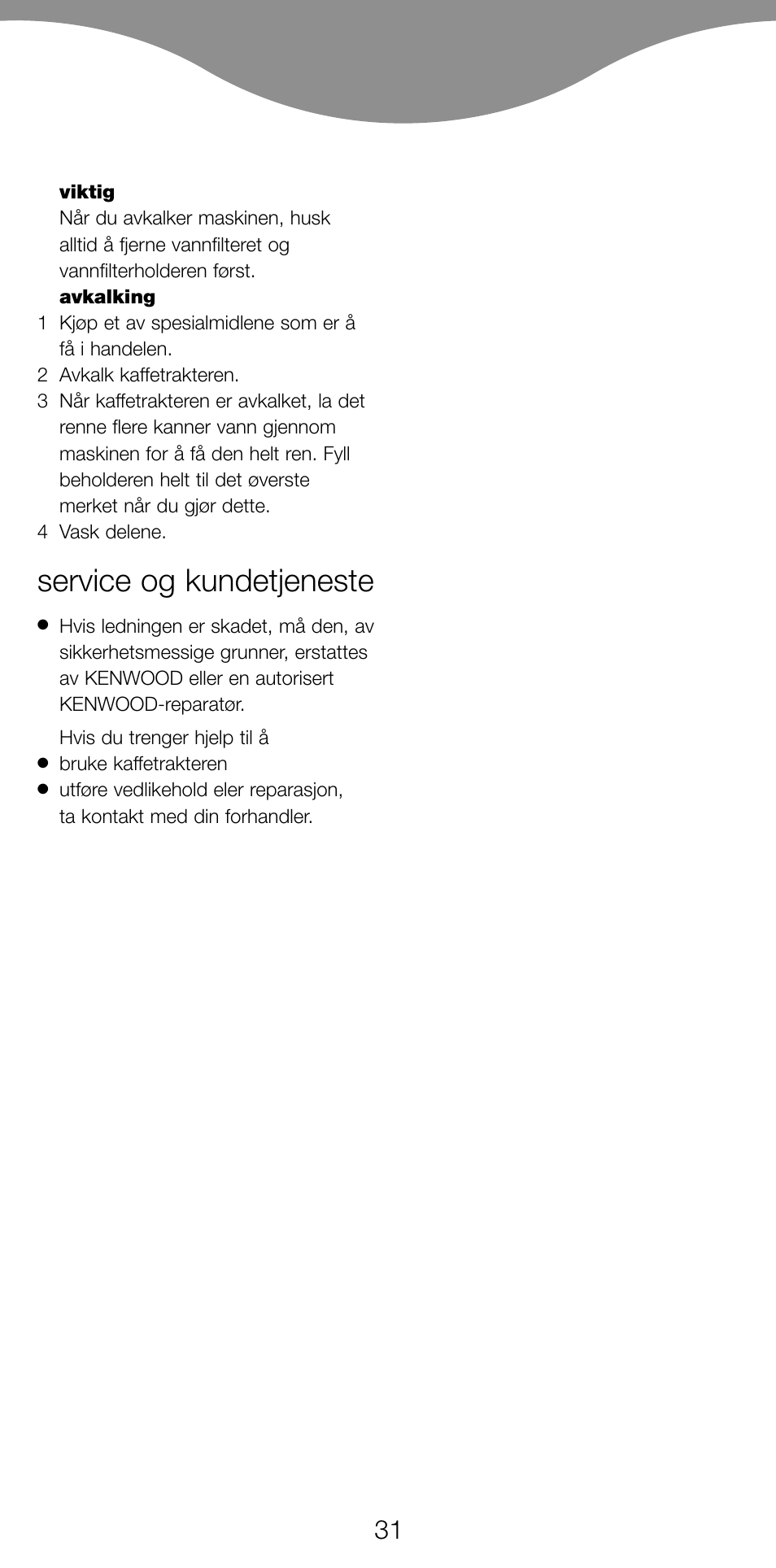 Service og kundetjeneste | Kenwood CM370 User Manual | Page 34 / 59