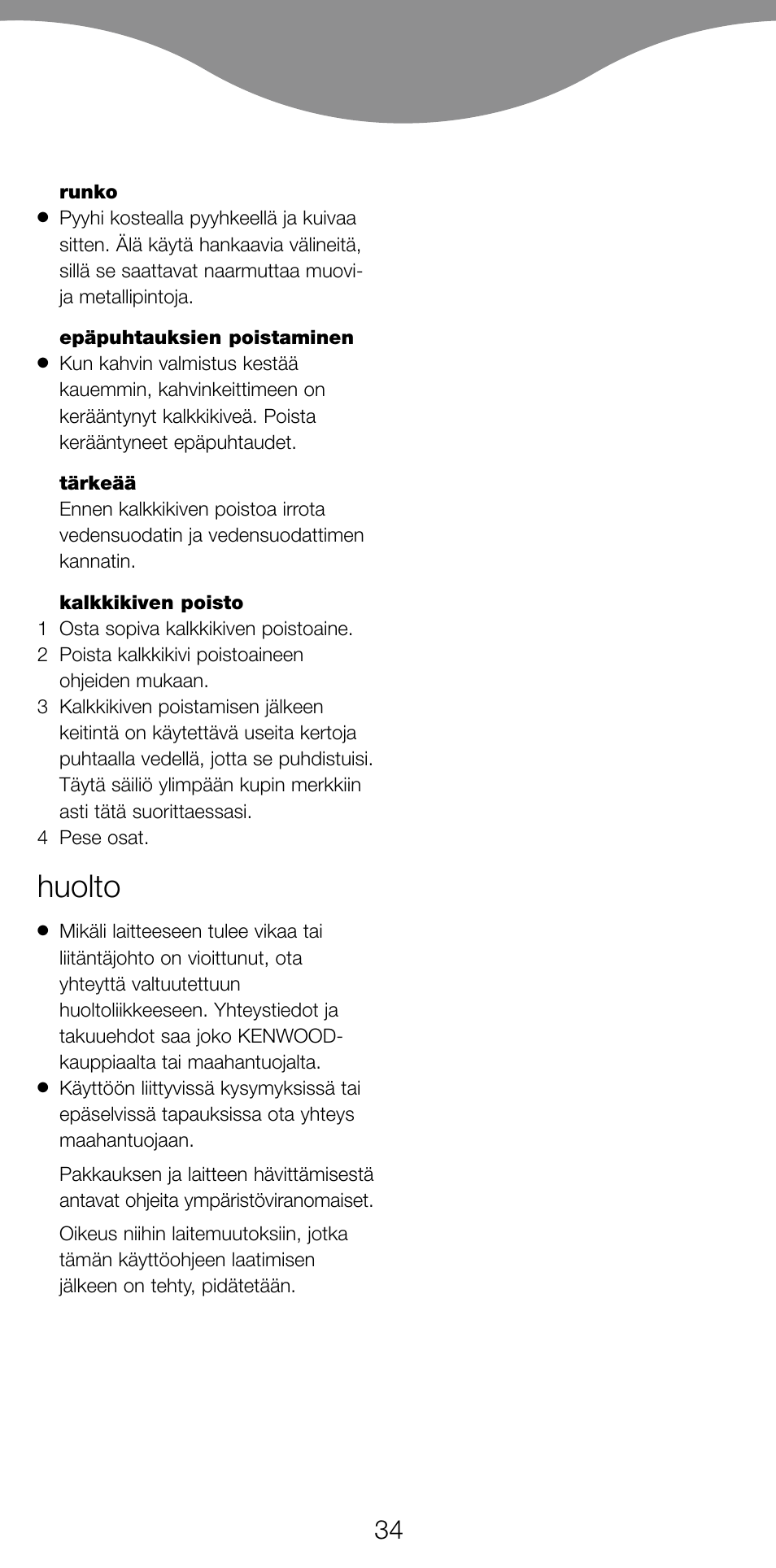Huolto | Kenwood CM370 User Manual | Page 37 / 59