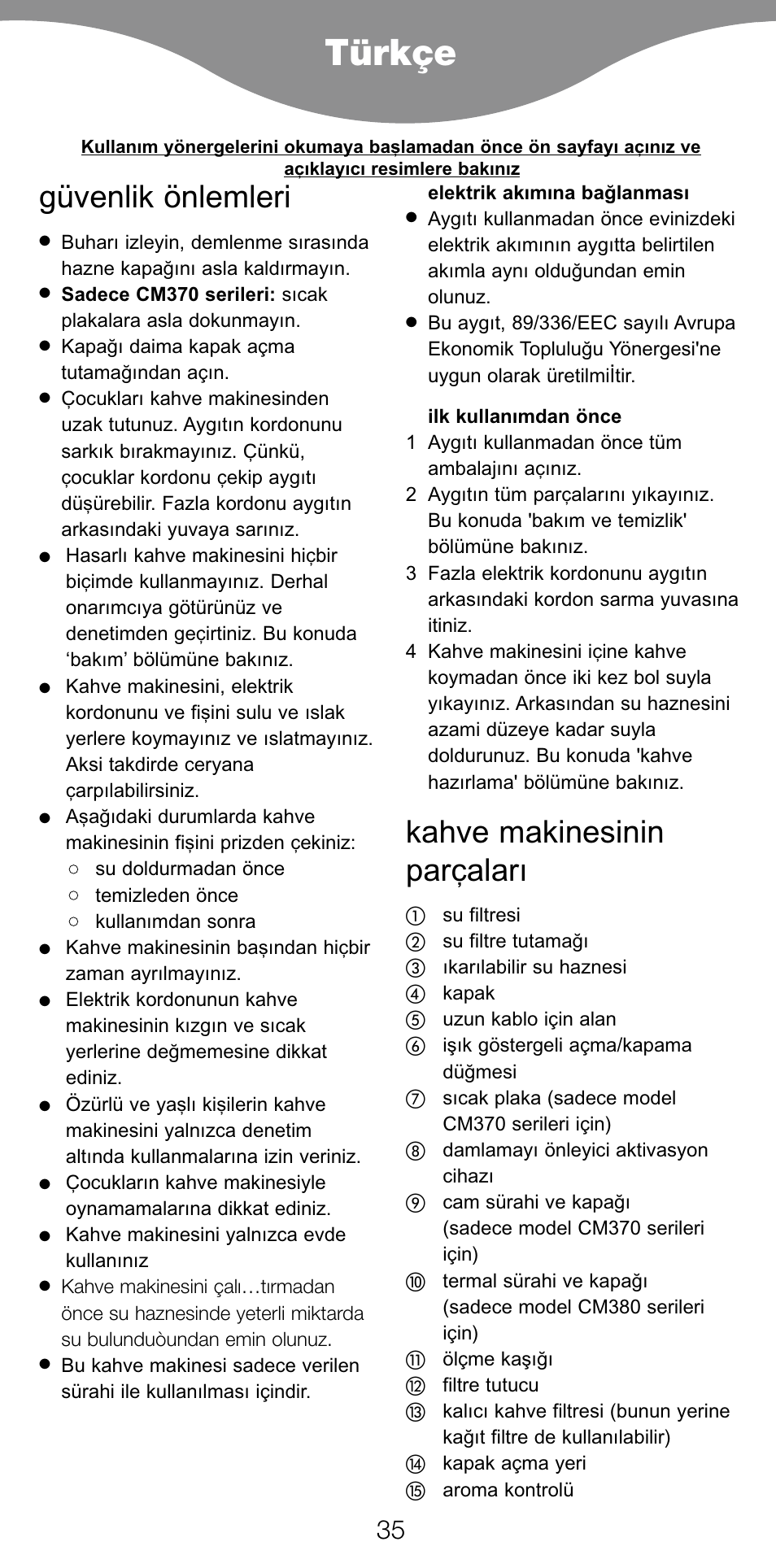 Türkçe, Güvenlik önlemleri, Kahve makinesinin parçaları | Kenwood CM370 User Manual | Page 38 / 59