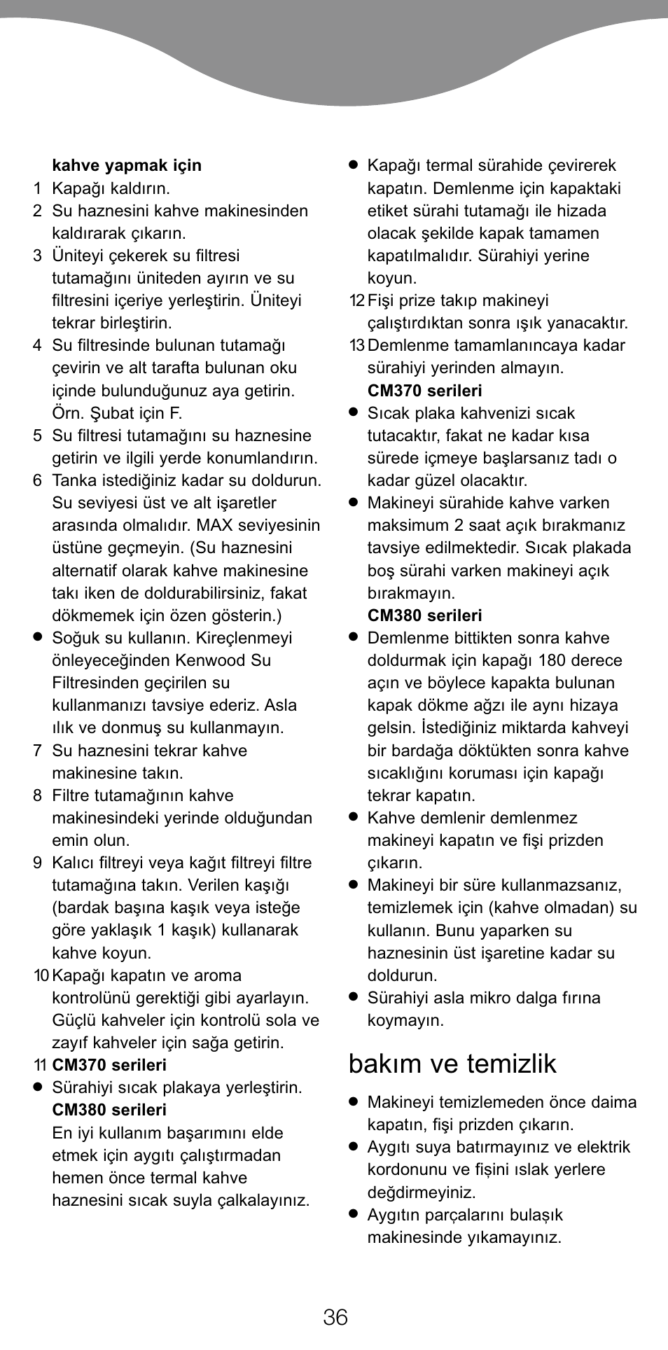 Bakım ve temizlik | Kenwood CM370 User Manual | Page 39 / 59
