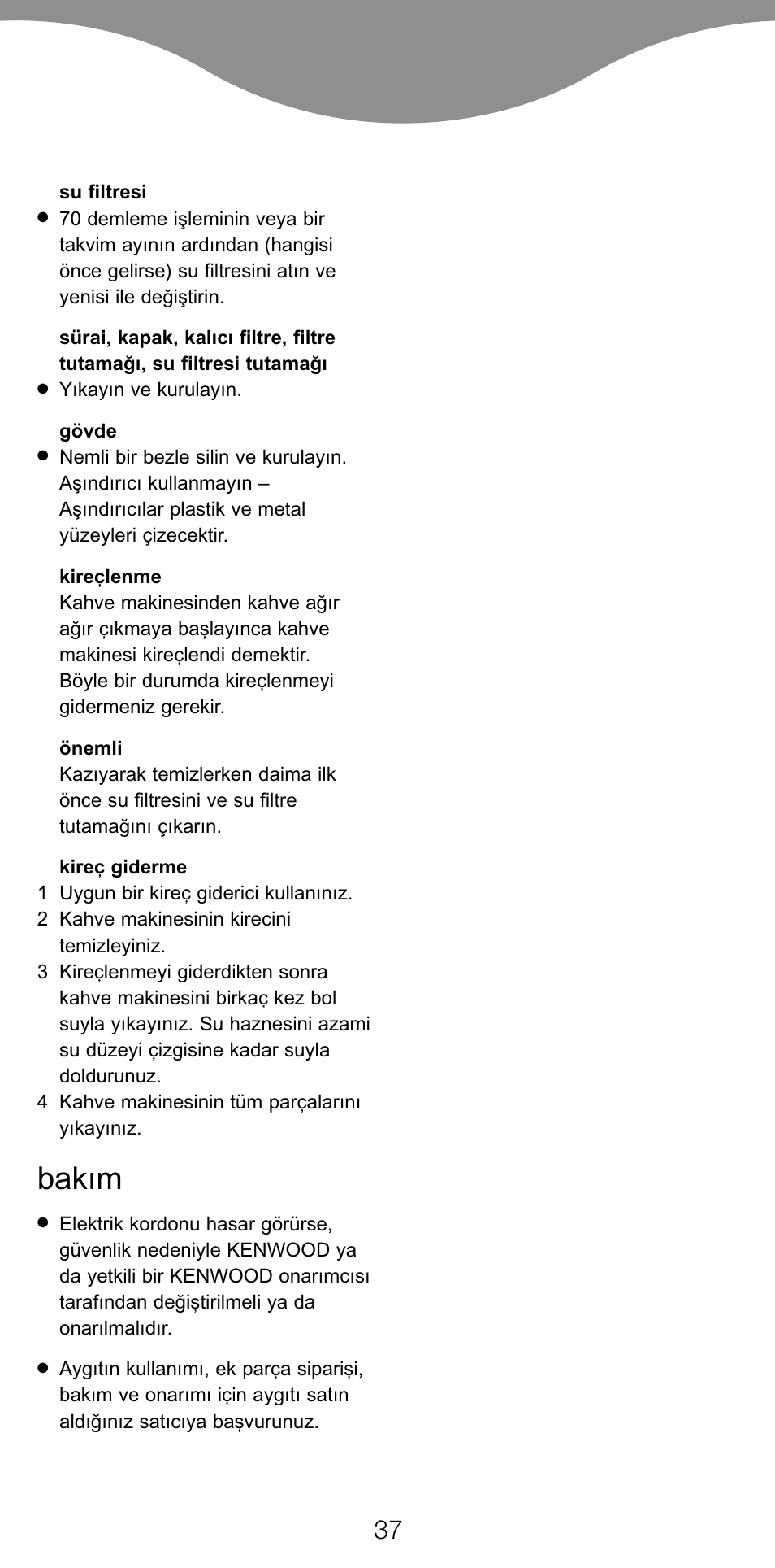 Bakım | Kenwood CM370 User Manual | Page 40 / 59
