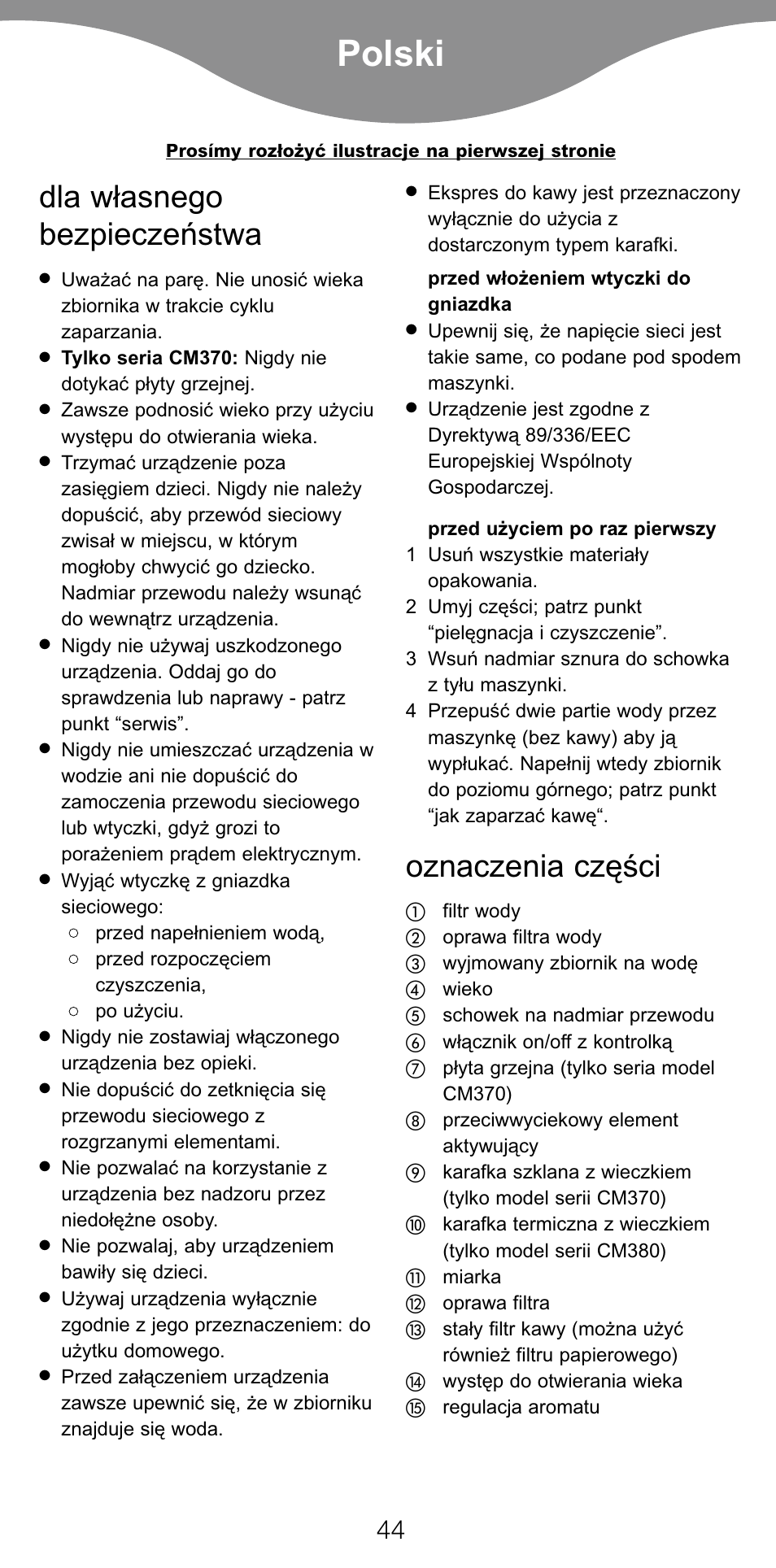 Polski, Dla w¢asnego bezpieczeæstwa, Oznaczenia czëÿci | Kenwood CM370 User Manual | Page 47 / 59