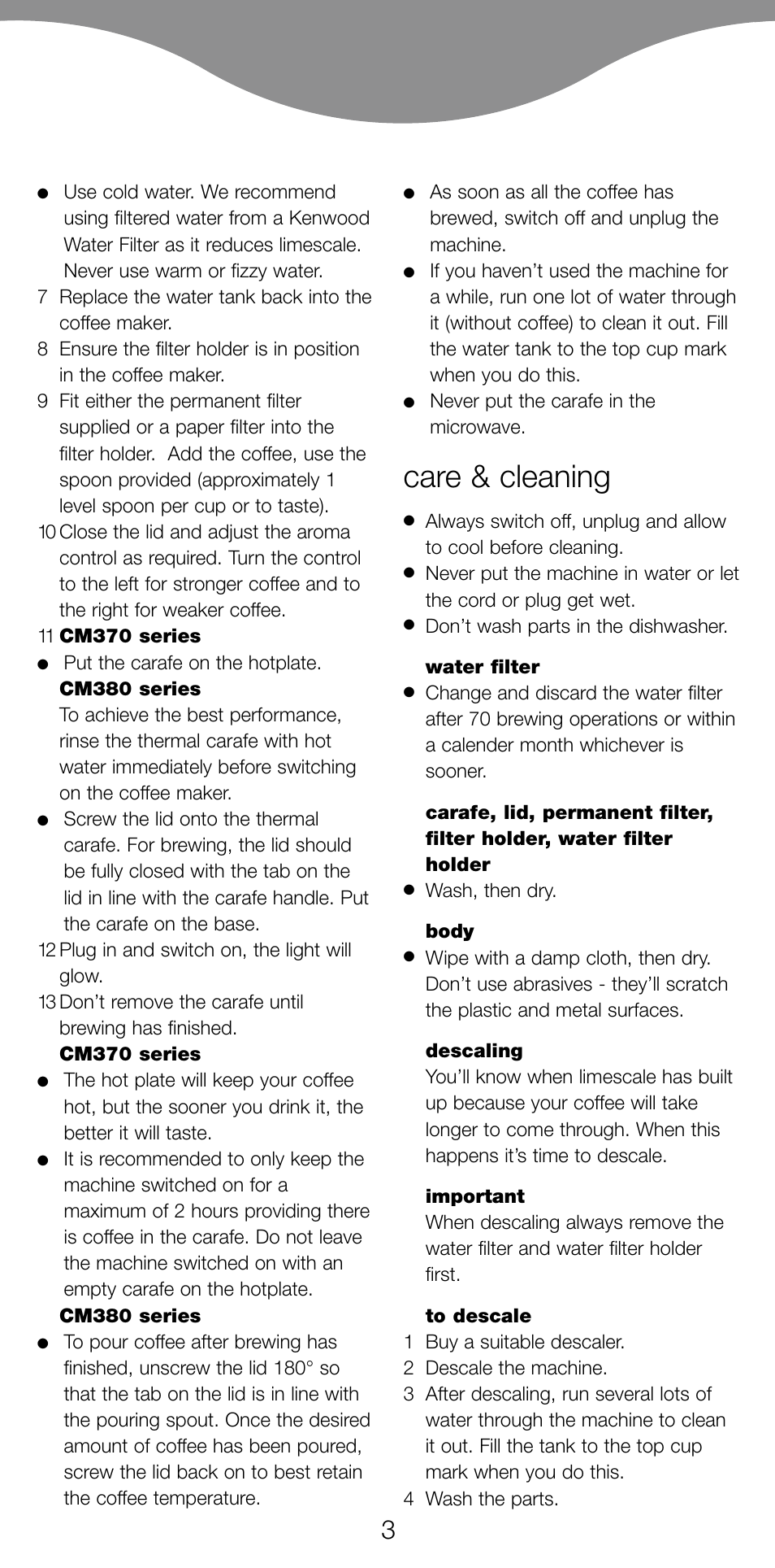 Care & cleaning | Kenwood CM370 User Manual | Page 6 / 59