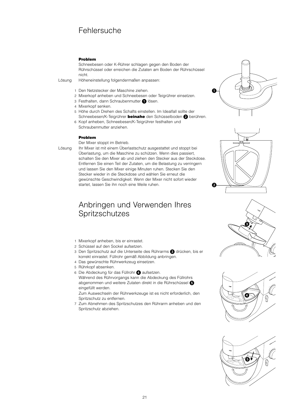 Anbringen und verwenden ihres spritzschutzes, Fehlersuche | Kenwood KM001 series User Manual | Page 22 / 153