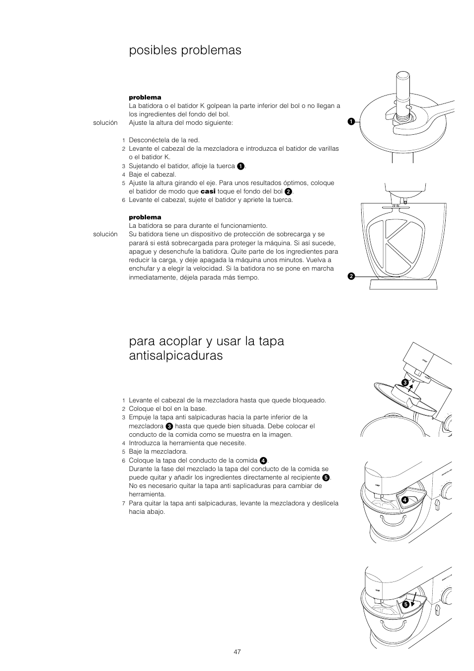 Para acoplar y usar la tapa antisalpicaduras, Posibles problemas | Kenwood KM001 series User Manual | Page 48 / 153