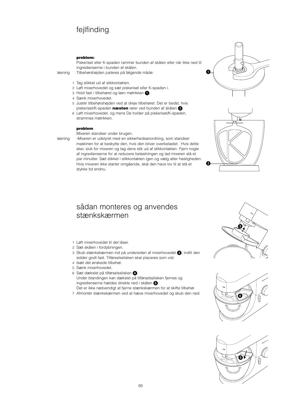 Sådan monteres og anvendes stænkskærmen, Fejlfinding | Kenwood KM001 series User Manual | Page 66 / 153