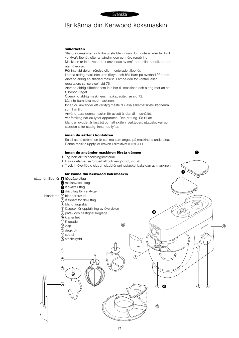 Lär känna din kenwood köksmaskin, Svenska | Kenwood KM001 series User Manual | Page 72 / 153