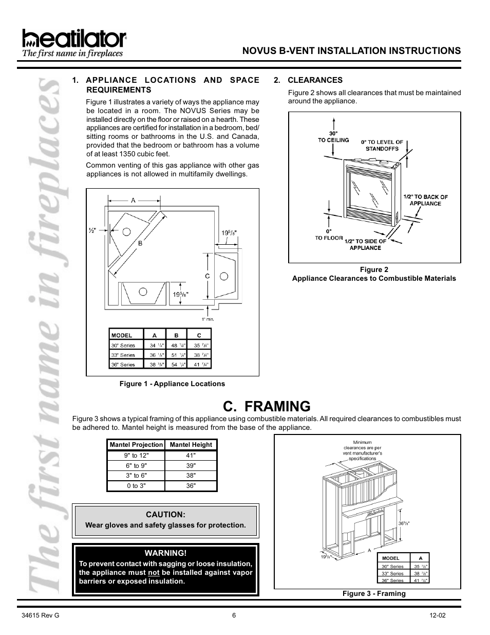 C. framing, Framing, Locations | Mantel, Space requirements, Novus b-vent installation instructions | Hearth and Home Technologies NOVUS GNBC33 User Manual | Page 6 / 28