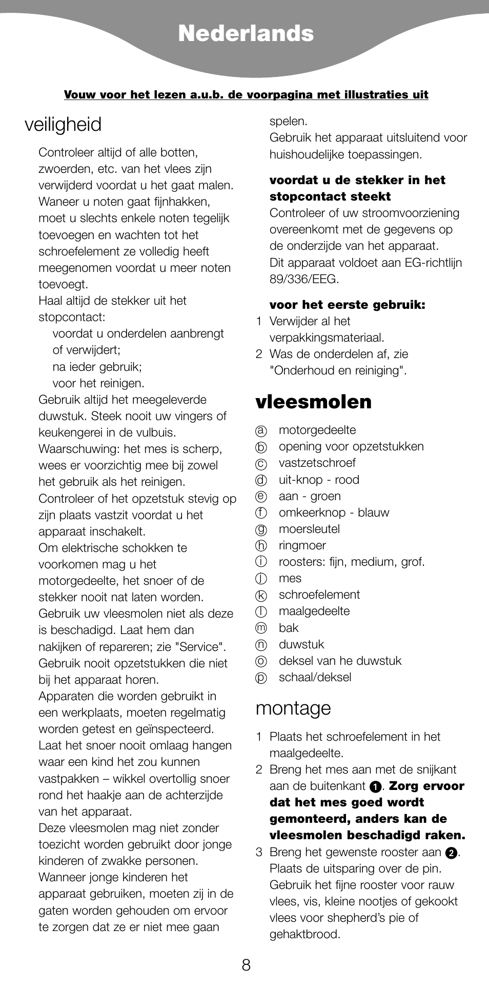 Nederlands, Veiligheid, Vleesmolen | Montage | Kenwood PG520 User Manual | Page 12 / 78