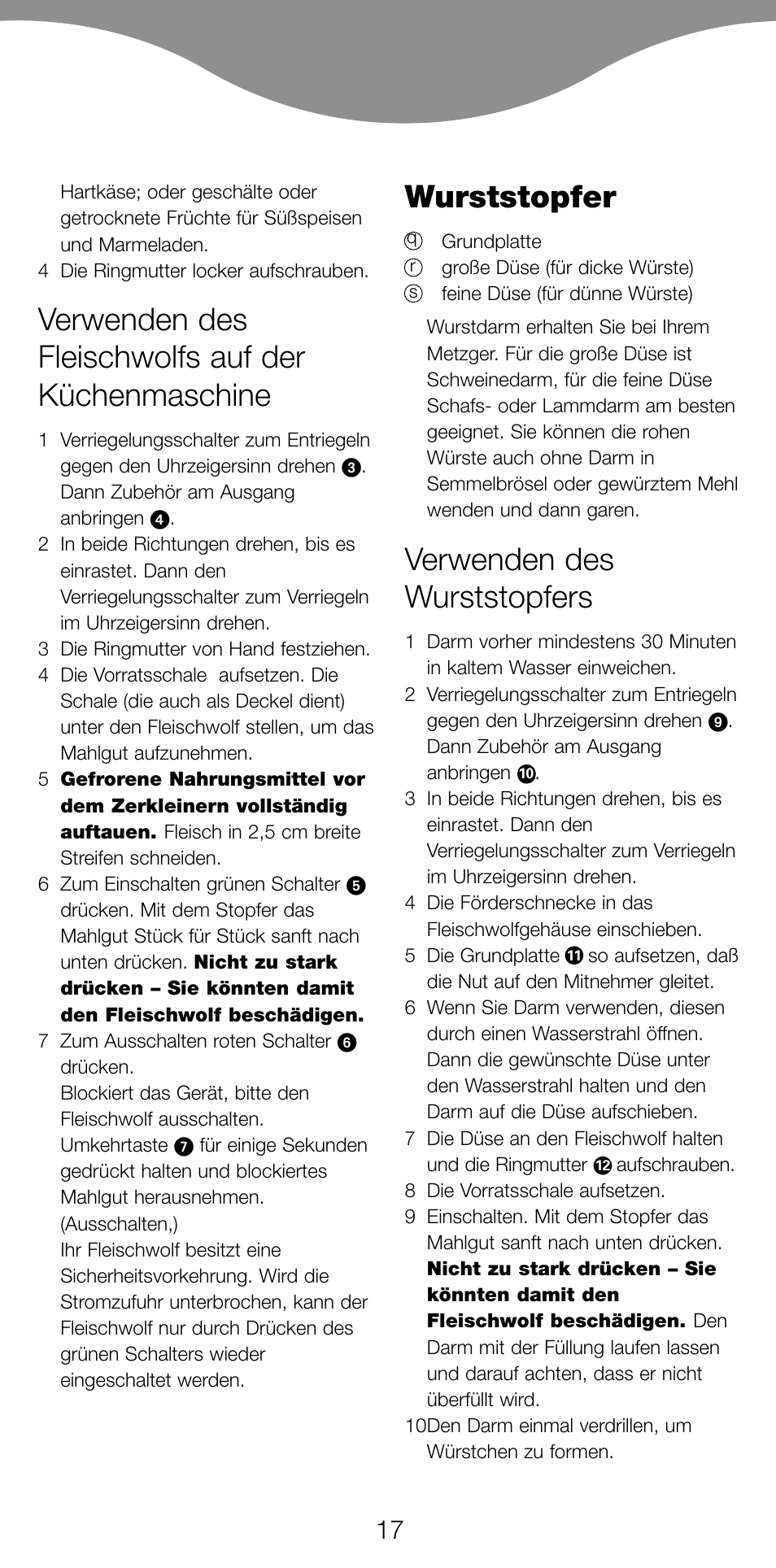 Verwenden des fleischwolfs auf der küchenmaschine, Wurststopfer, Verwenden des wurststopfers | Kenwood PG520 User Manual | Page 21 / 78