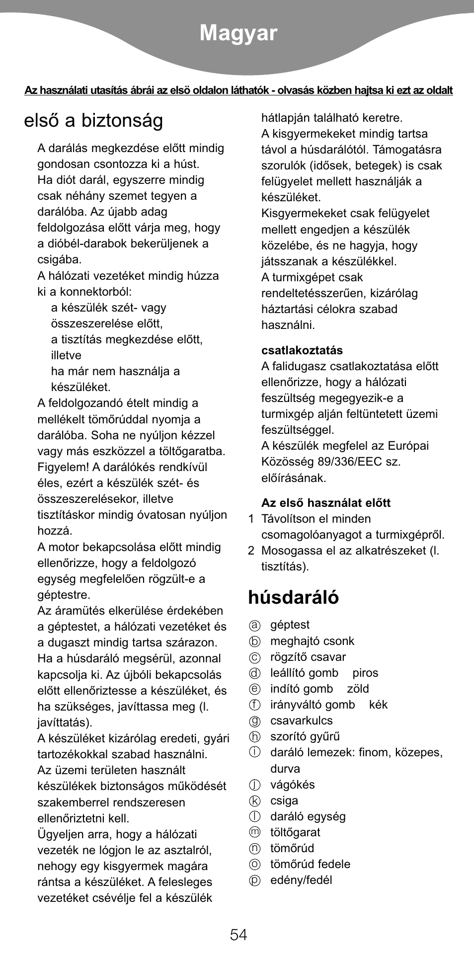 Magyar, Elsò a biztonság, Húsdaráló | Kenwood PG520 User Manual | Page 58 / 78