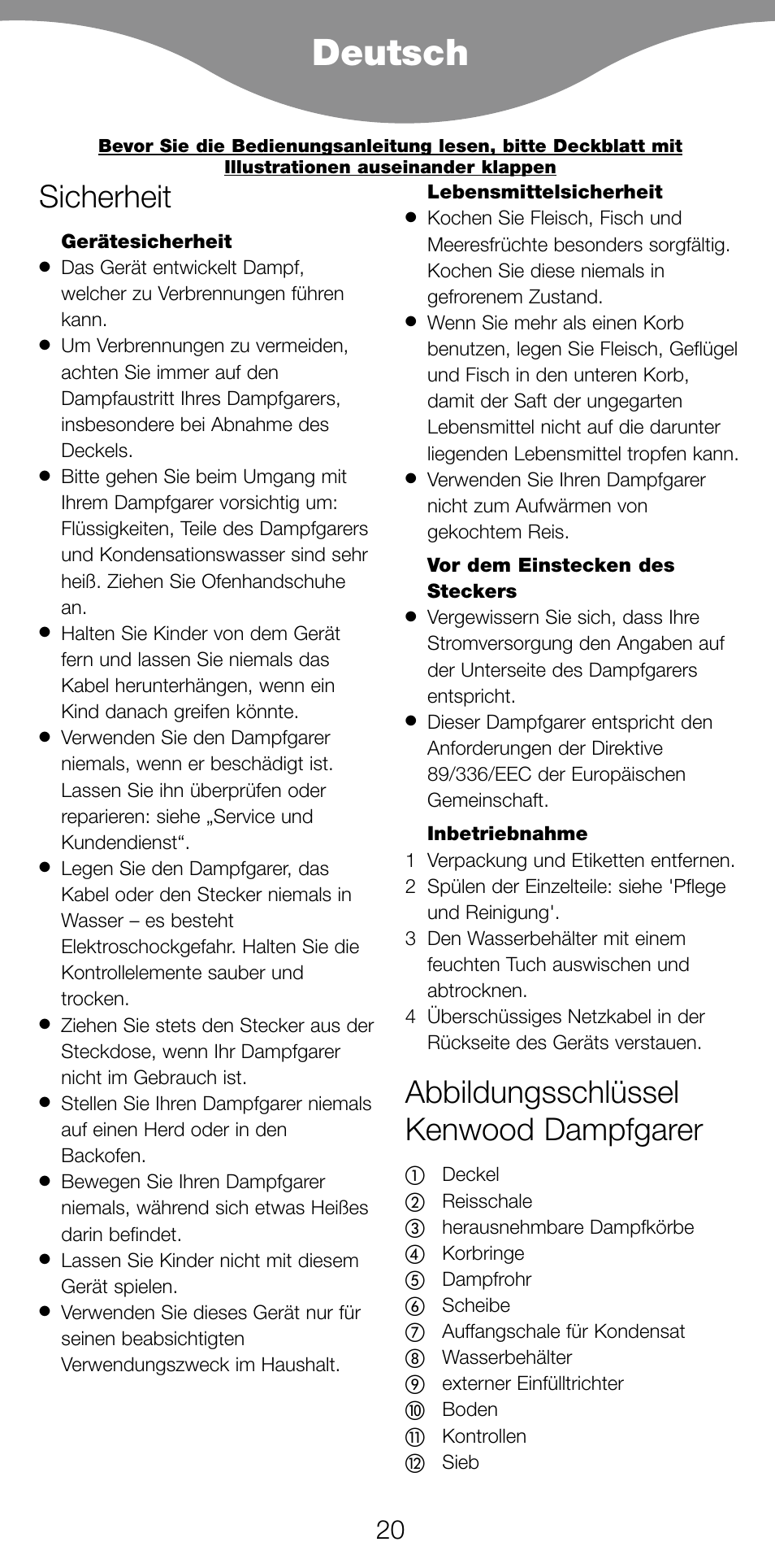 Deutsch, Sicherheit, Abbildungsschlüssel kenwood dampfgarer | Kenwood FS560 User Manual | Page 23 / 115