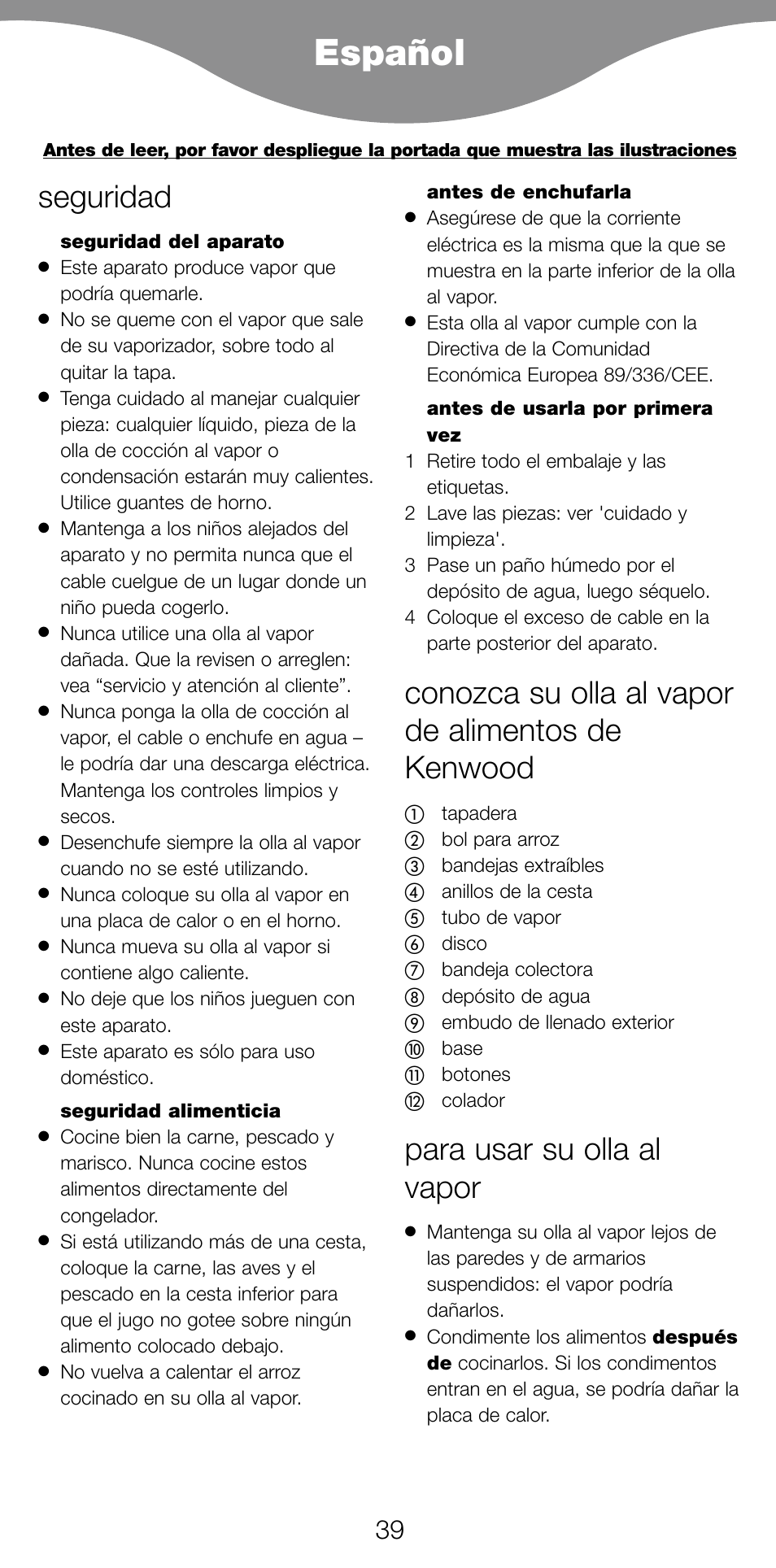 Español, Seguridad, Conozca su olla al vapor de alimentos de kenwood | Para usar su olla al vapor | Kenwood FS560 User Manual | Page 42 / 115
