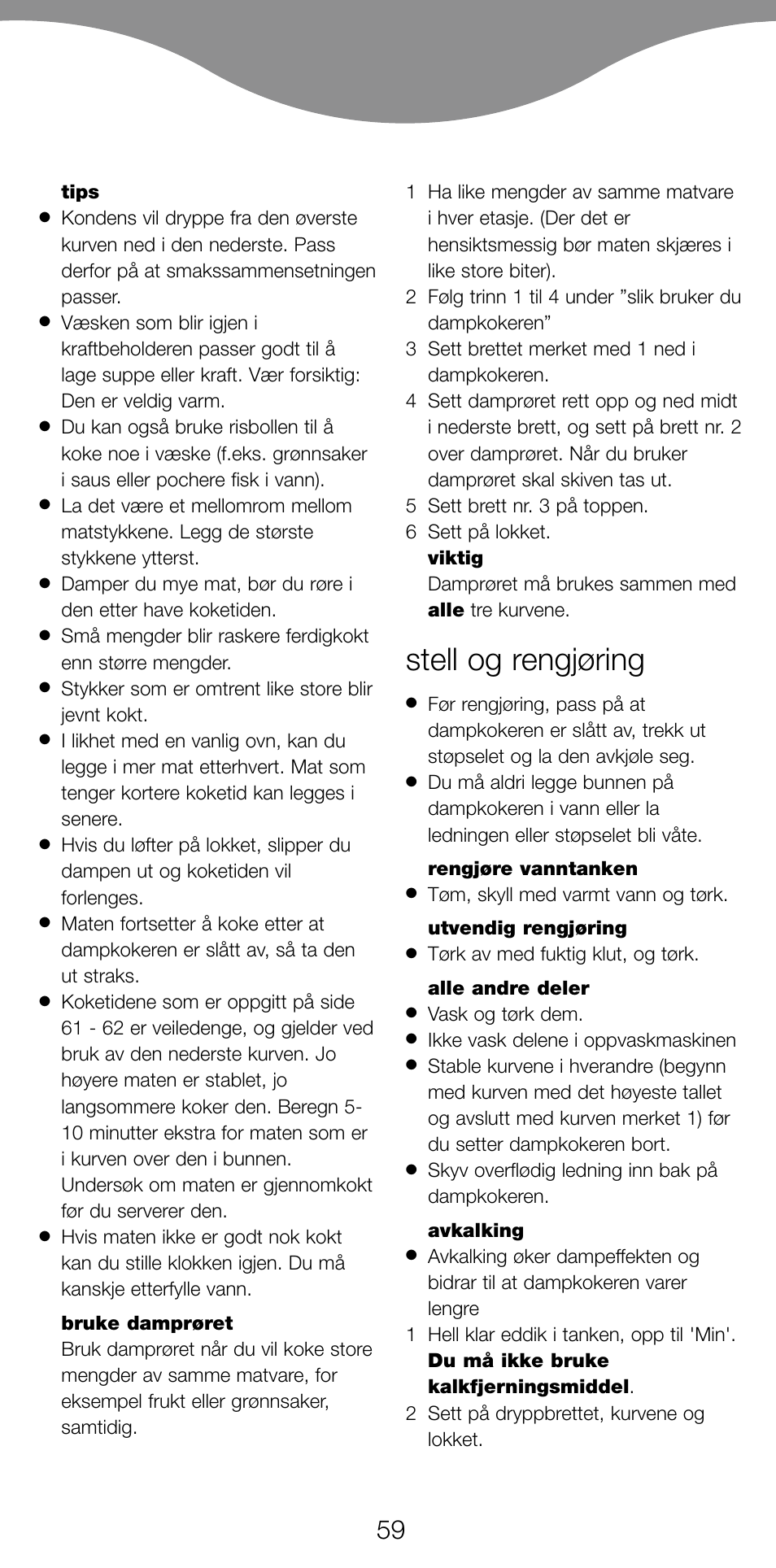 Stell og rengjøring | Kenwood FS560 User Manual | Page 62 / 115