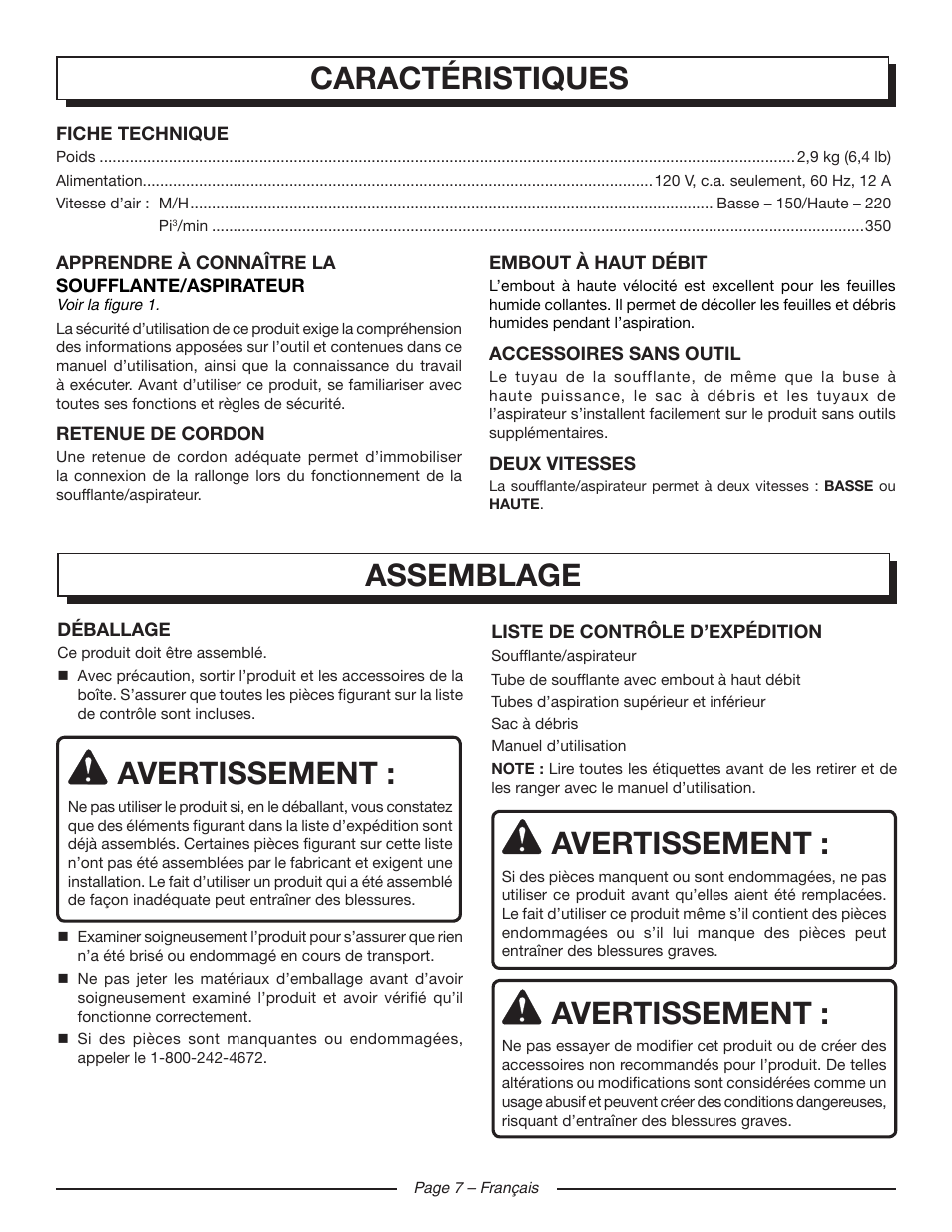 Assemblage, Avertissement, Caractéristiques | Homelite UT42120 User Manual | Page 20 / 38