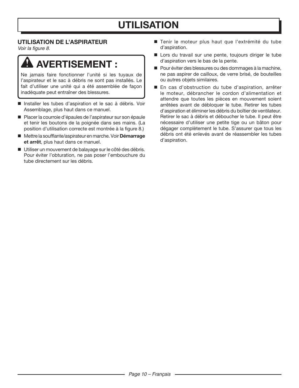 Utilisation, Avertisement | Homelite UT42120 User Manual | Page 23 / 38