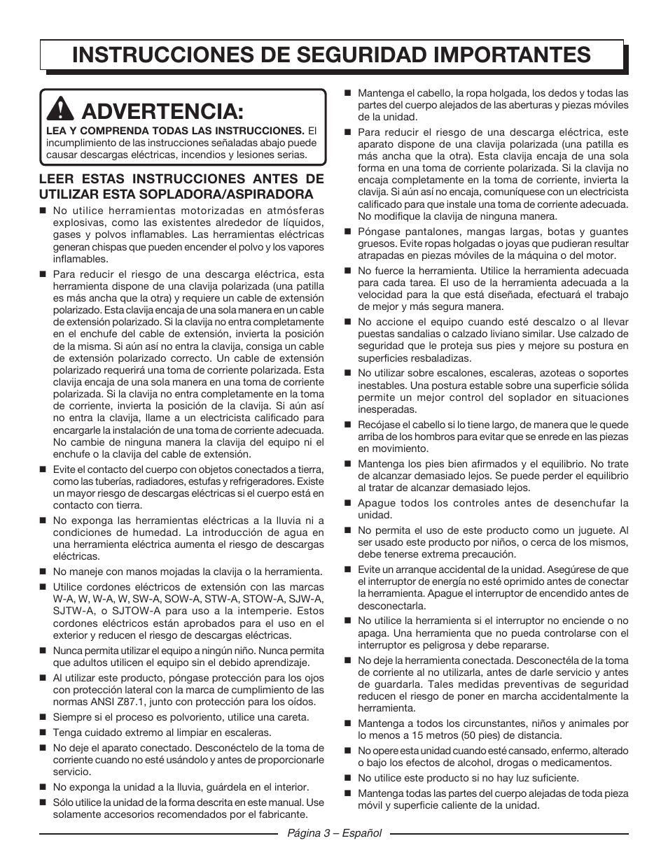 Instrucciones de seguridad importantes advertencia | Homelite UT42120 User Manual | Page 27 / 38
