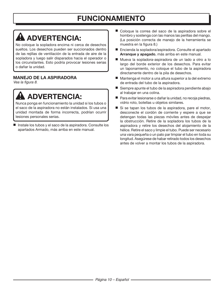 Funcionamiento advertencia, Advertencia | Homelite UT42120 User Manual | Page 34 / 38