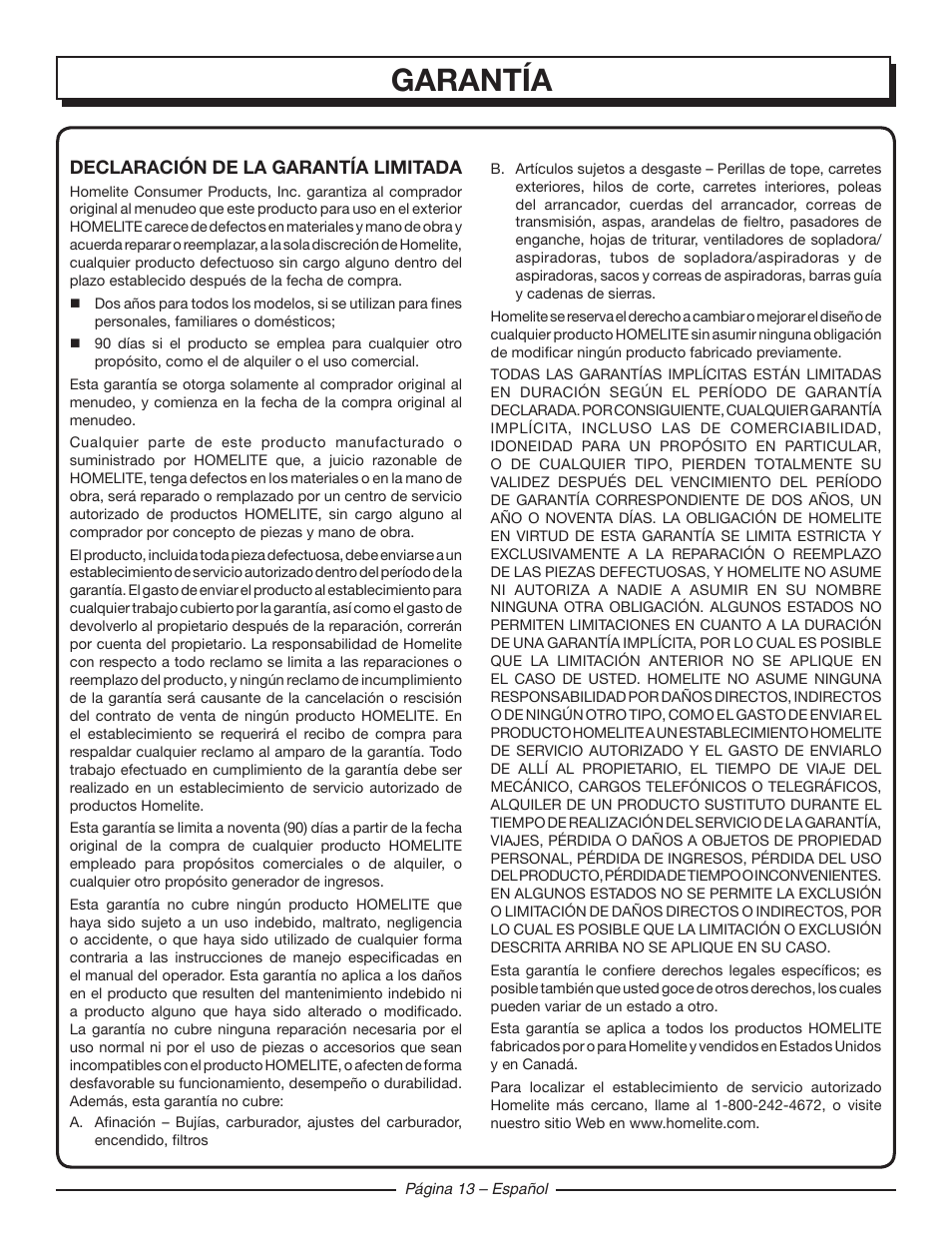 Garantía | Homelite UT42120 User Manual | Page 37 / 38