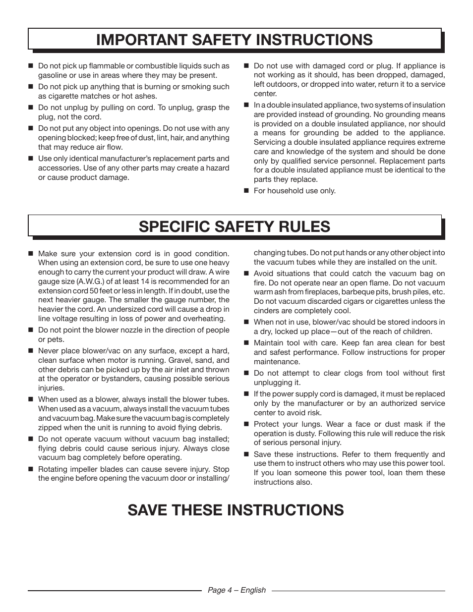 Specific safety rules, Important safety instructions, Save these instructions | Homelite UT42120 User Manual | Page 6 / 38