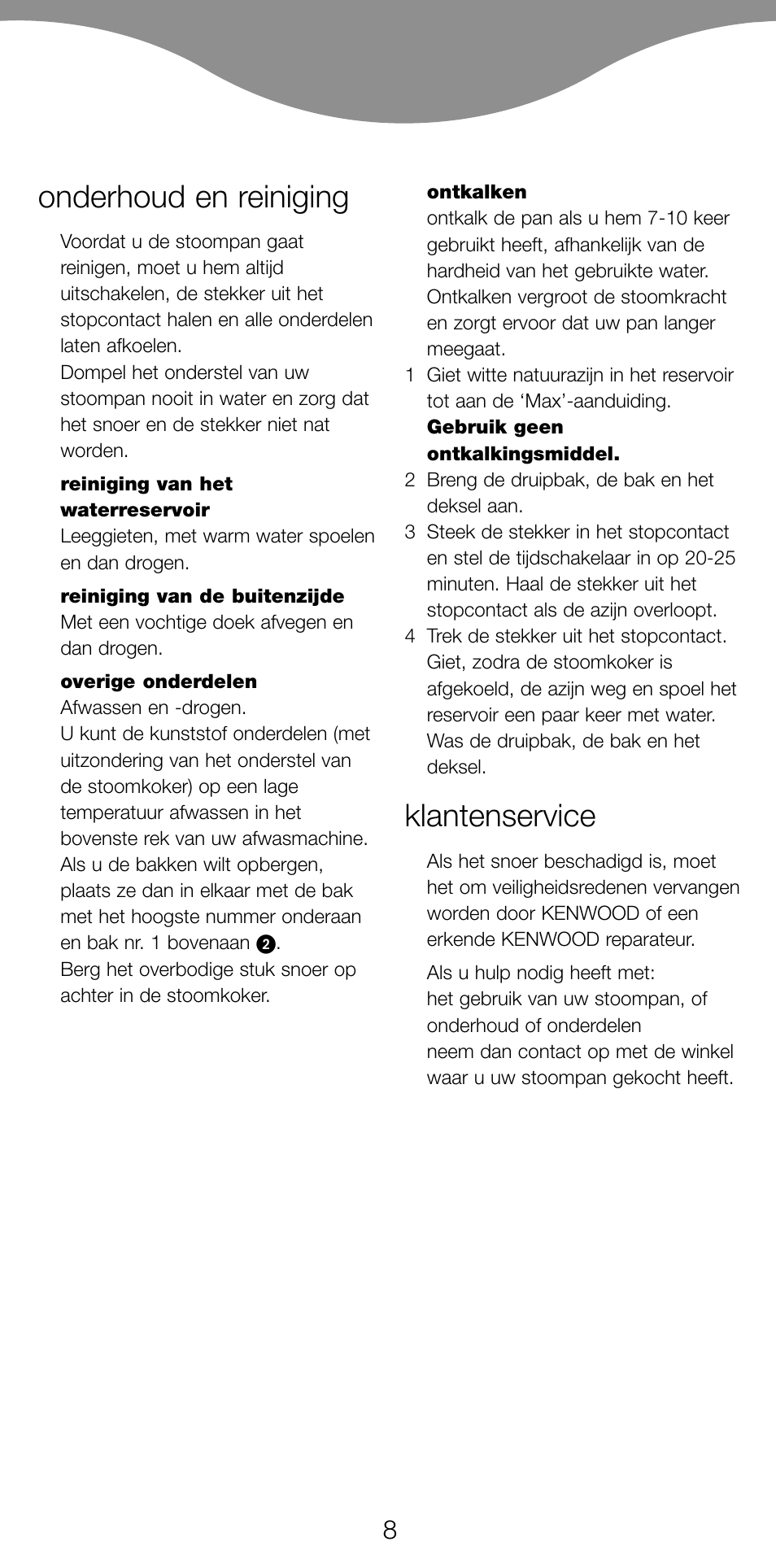 Onderhoud en reiniging, Klantenservice | Kenwood FS360 User Manual | Page 10 / 91