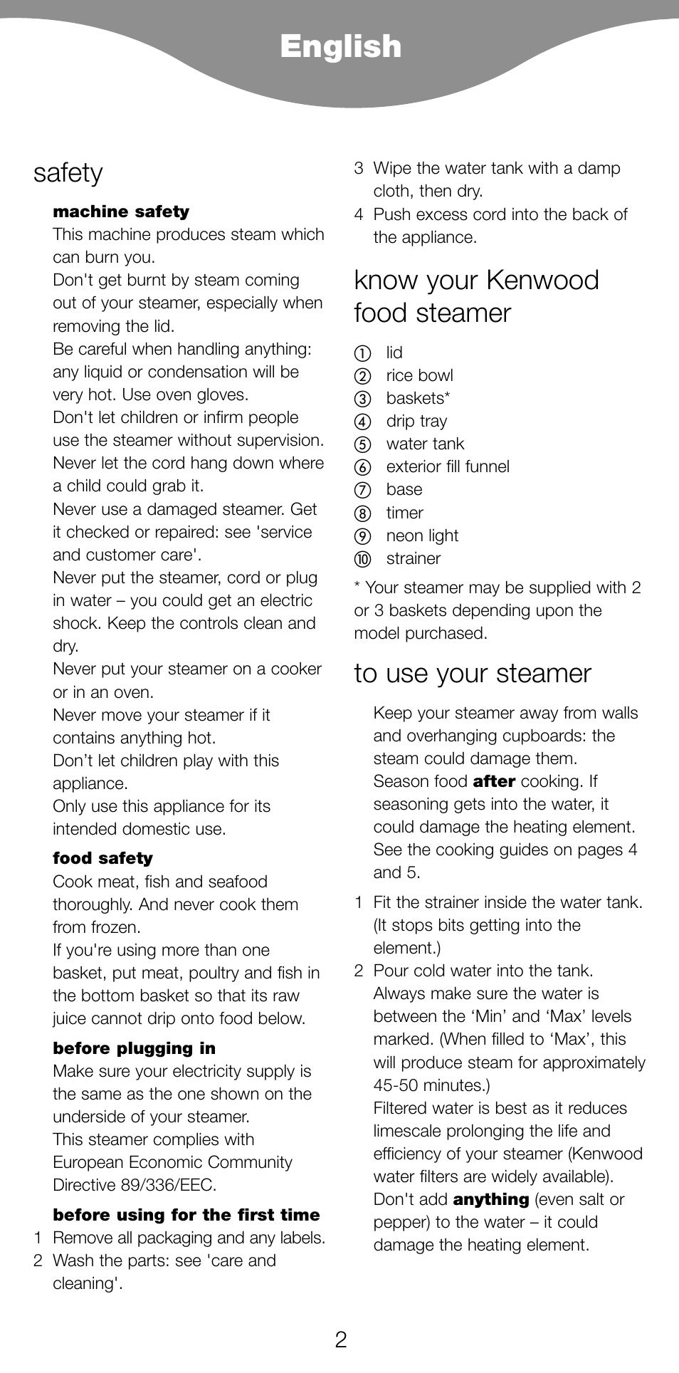 English, Safety, Know your kenwood food steamer | Kenwood FS360 User Manual | Page 4 / 91