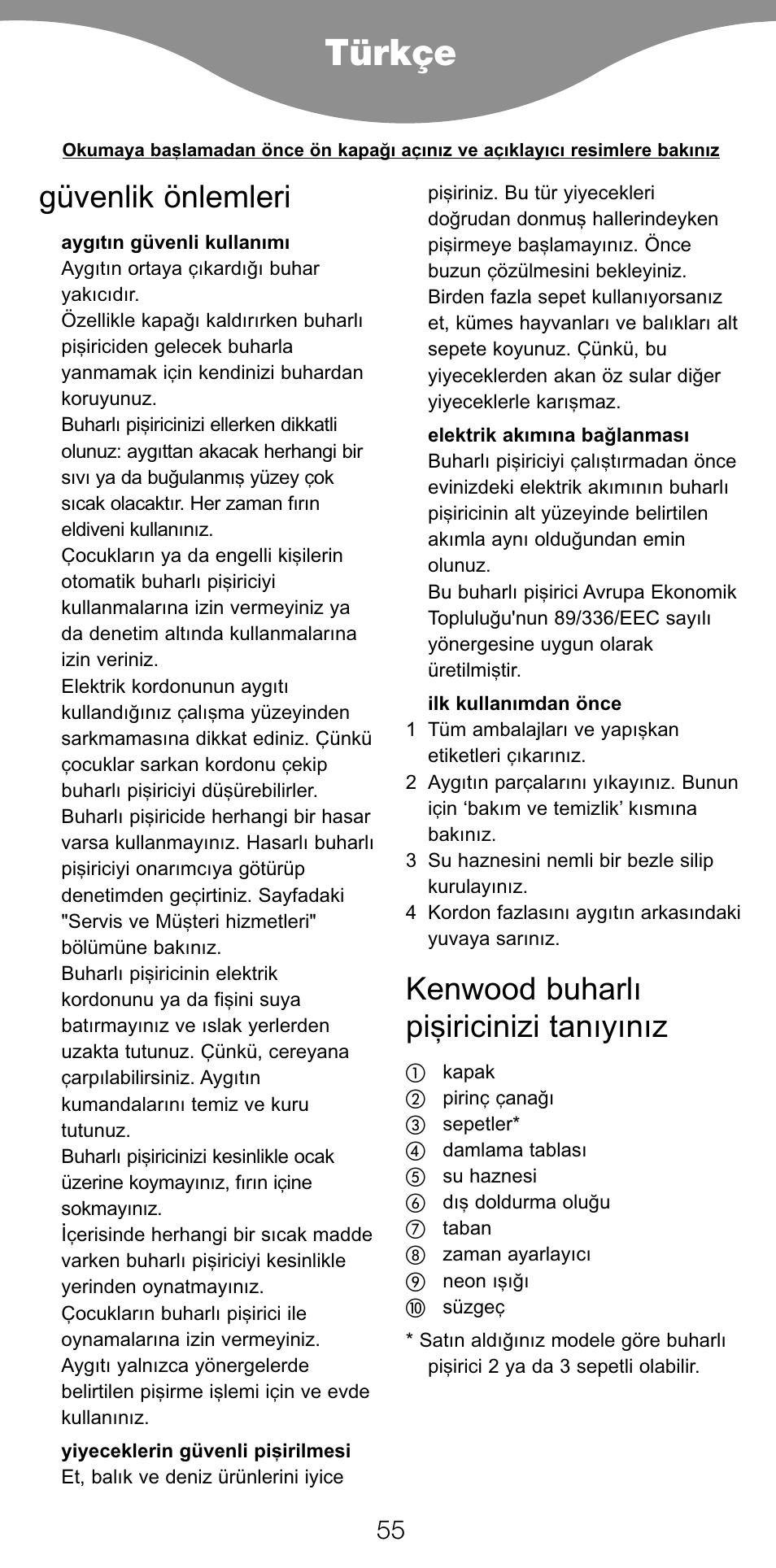 Türkçe, Güvenlik önlemleri, Kenwood buharlı pi…iricinizi tanıyınız | Kenwood FS360 User Manual | Page 57 / 91