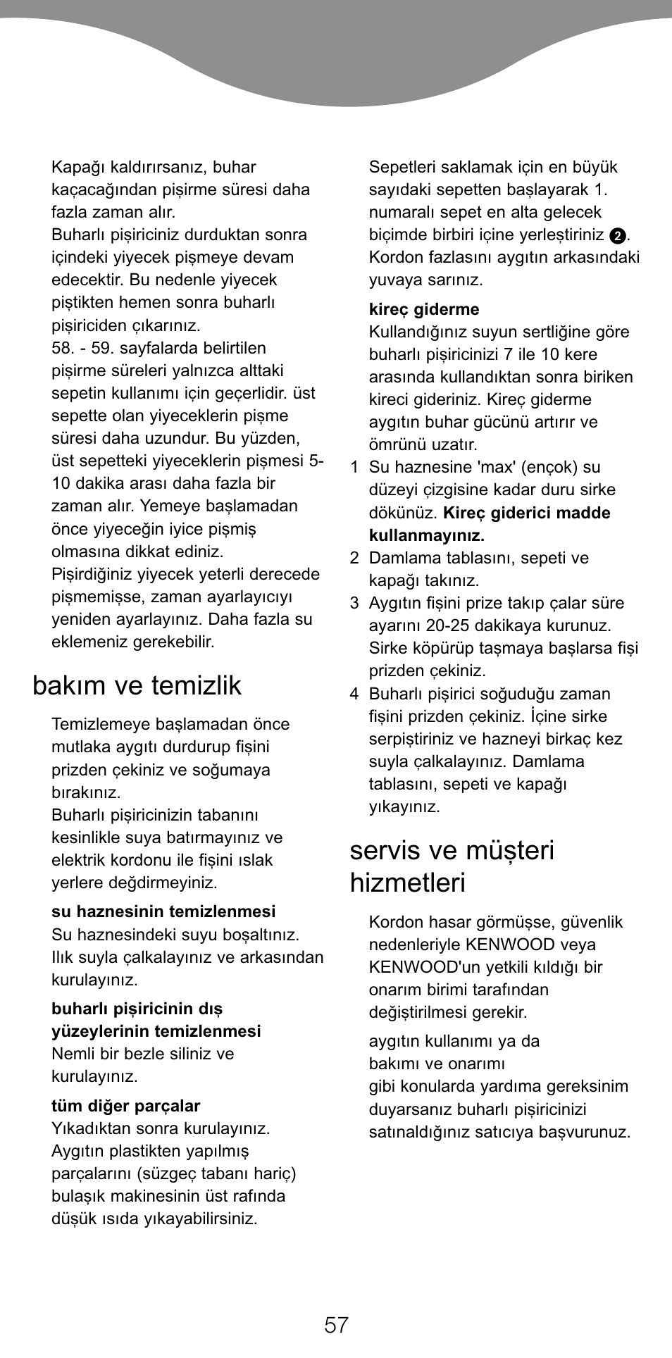 Bakım ve temizlik, Servis ve mü…teri hizmetleri | Kenwood FS360 User Manual | Page 59 / 91