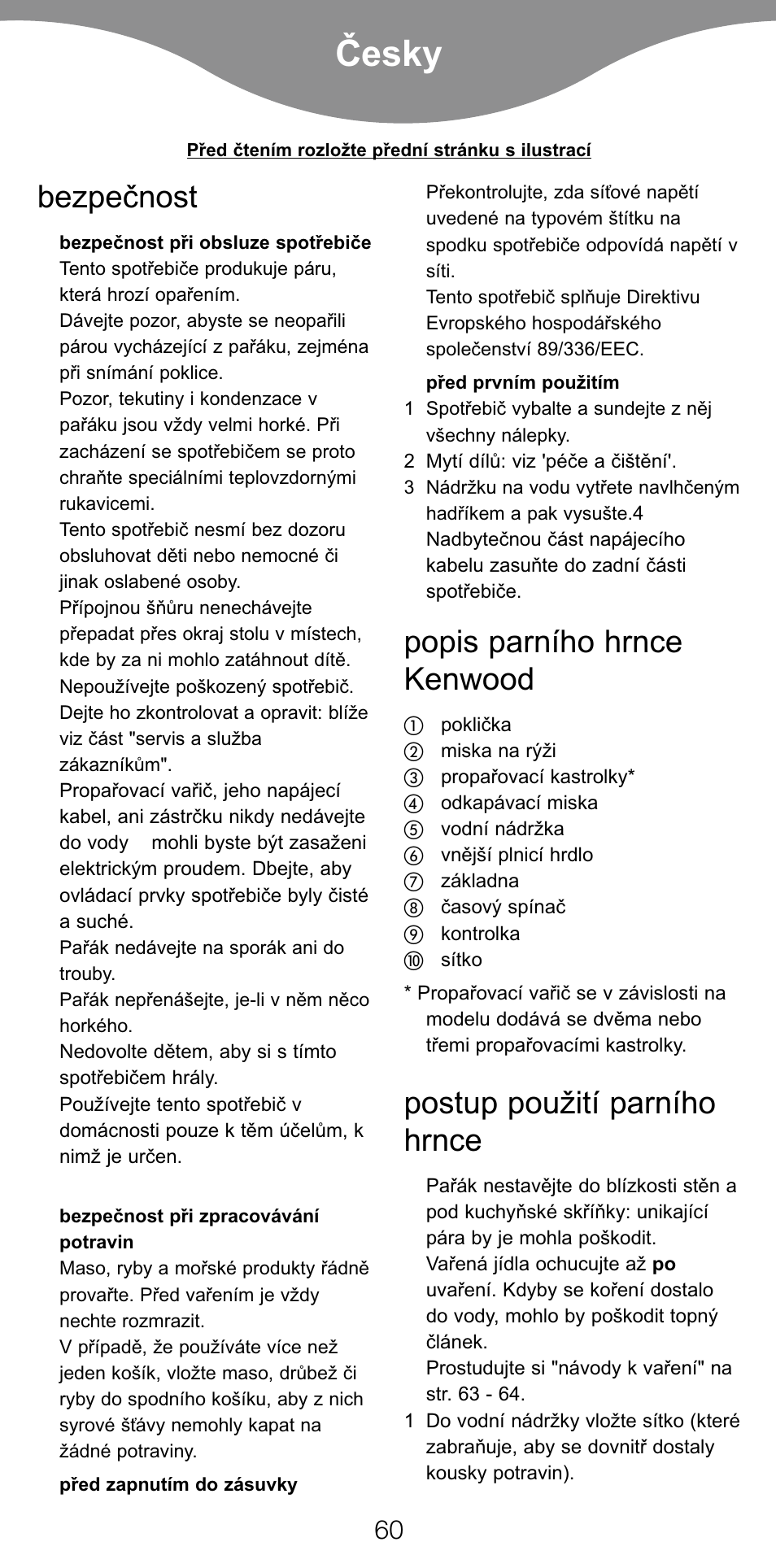 Ïesky, Bezpeïnost, Popis parního hrnce kenwood | Postup pou¥ití parního hrnce | Kenwood FS360 User Manual | Page 62 / 91