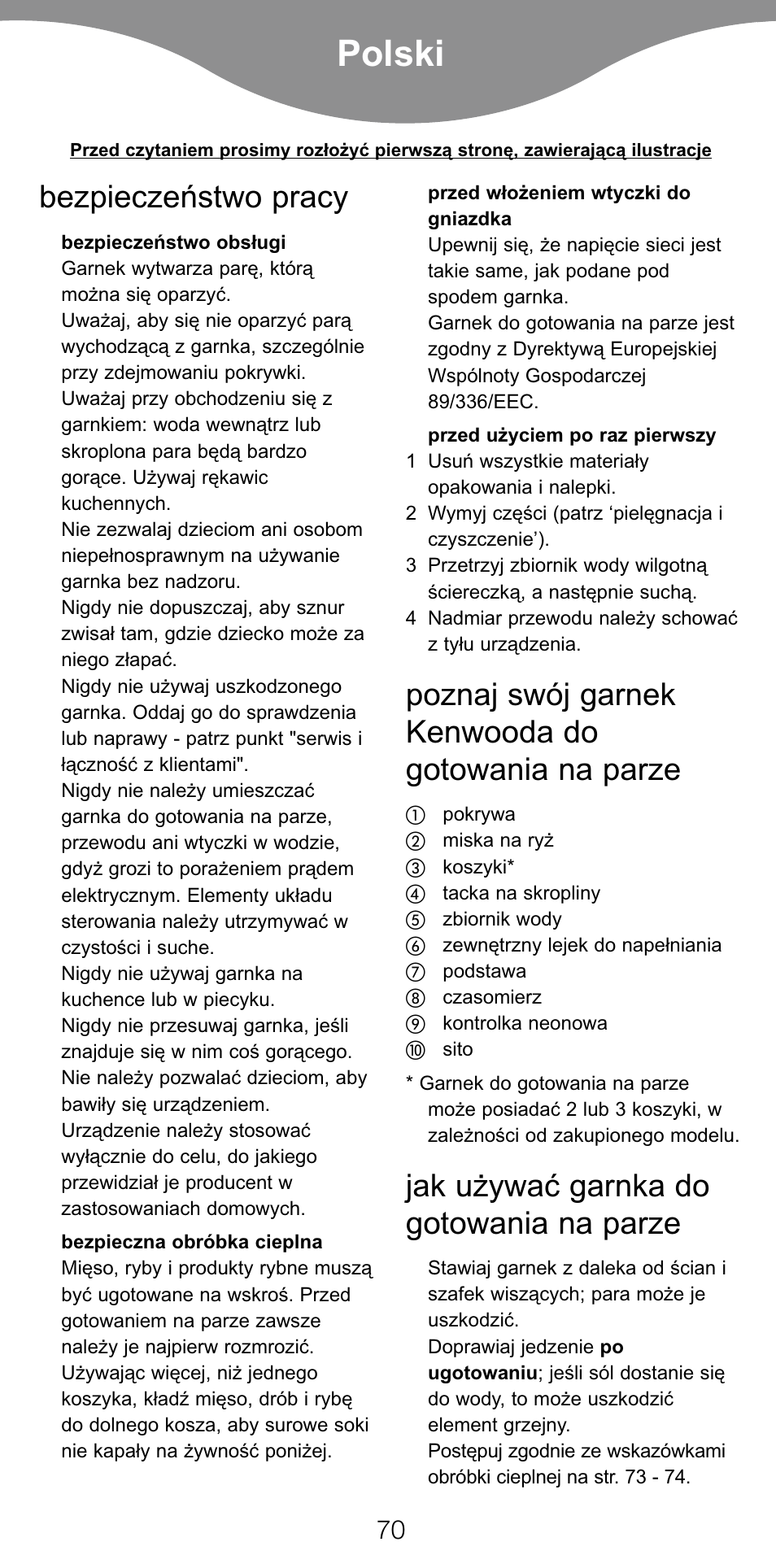 Polski, Bezpieczeæstwo pracy, Poznaj swój garnek kenwooda do gotowania na parze | Jak u¯ywaç garnka do gotowania na parze | Kenwood FS360 User Manual | Page 72 / 91