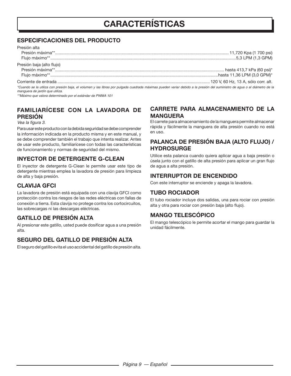Características | Homelite UT80720 User Manual | Page 43 / 52