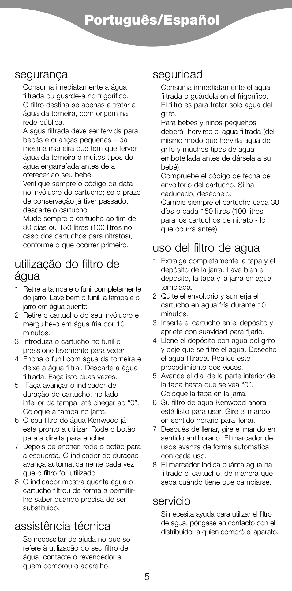 Português/español, Segurança, Utilização do filtro de água | Assistência técnica, Seguridad, Uso del filtro de agua, Servicio | Kenwood WF96 User Manual | Page 8 / 16